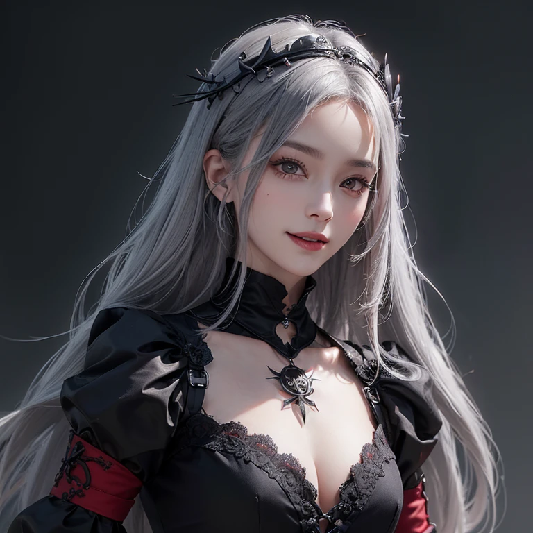 Dark fantasy,Windy weather, Real crows、 ((highest quality、masterpiece、8k、Best image quality、Ultra-high resolution、Award-winning works)、(Accurate anatomy:1.1)、(Look at me and smile:1.1)、Shining fair skin with Ultra-high resolution、The most detailed face、Ultra-high resolution detailed face、Short, flowing grey hair 、Beautiful face drawn in every detail、(Blurred Background:1.1)、 Red and black gothic punk fashion, Modest chest , 肩に乗ったReal crows