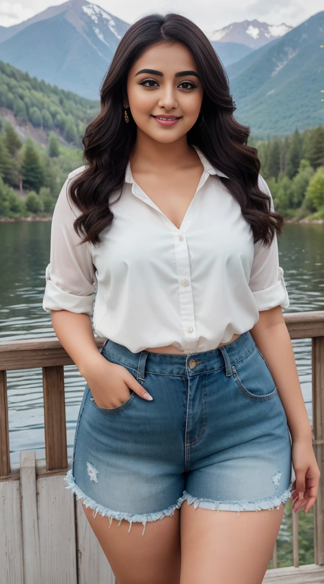 monali thakur Indian beautiful actress curvy plus size hour glass bulky figure woman, closeup camera view, wearing SHEIN LUNE Plus Paperbag Waist Button Front Shorts SKU: sz2303079766916276 GBP£6.21 GBP£11.99 -48% Including VAT Color: Black, different style hairstyle, bright eyes, thin eyebrows, fair skin, blushing cheeks, prefect head to toe view, full body view, Mountain Lake: A tranquil lake nestled in the mountains with clear water and scenic views. smile face, black hair, Indian face, perfect skin tone light, ultra realistic skin texture