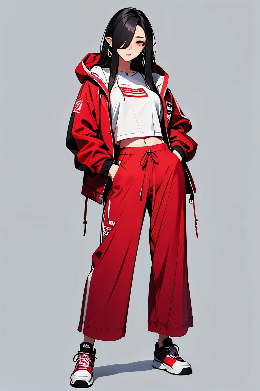 (best quality), ((masterpiece)), (highres), illustration, original, extremely detailed, 1girl, solo, hands in pockets, navel, pointy ears, jewelry, earrings, white background, midriff, pants, red eyes, hair over one eye, simple background, shoes, black hair, long hair, hood, full body, red jacket, looking at viewer, hoodie, sneakers, hoop earrings, crop top, red pants, standing, jacket, baggy pants, dark-skinned female, breasts, closed mouth