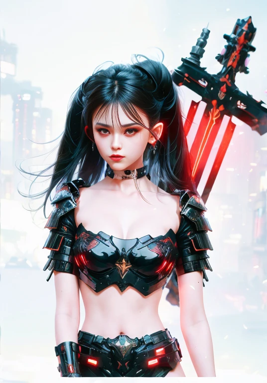 (masterpiece, best quality:1.2), a subject, A beauriful girl with techno fantasy style armour and sword, (technological aggressive design), cyberpunk, 4K, UHD, (Photorealistic:1.4),Ultra high resolution, masterpiece, ultra realistic, ultra nitide, insane details