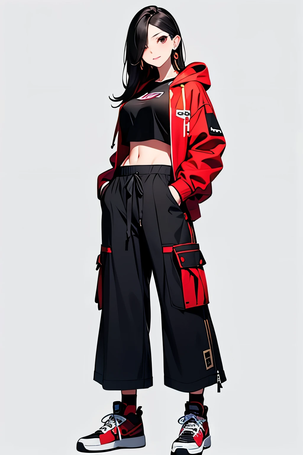 (best quality), ((masterpiece)), (highres), illustration, original, extremely detailed, 1girl, solo, hands in pockets, navel, pointy ears, jewelry, earrings, white background, midriff, pants, red eyes, hair over one eye, simple background, shoes, black hair, long hair, hood, full body, red jacket, looking at viewer, hoodie, sneakers, hoop earrings, crop top, red pants, standing, jacket, baggy pants, dark-skinned female, breasts, closed mouth