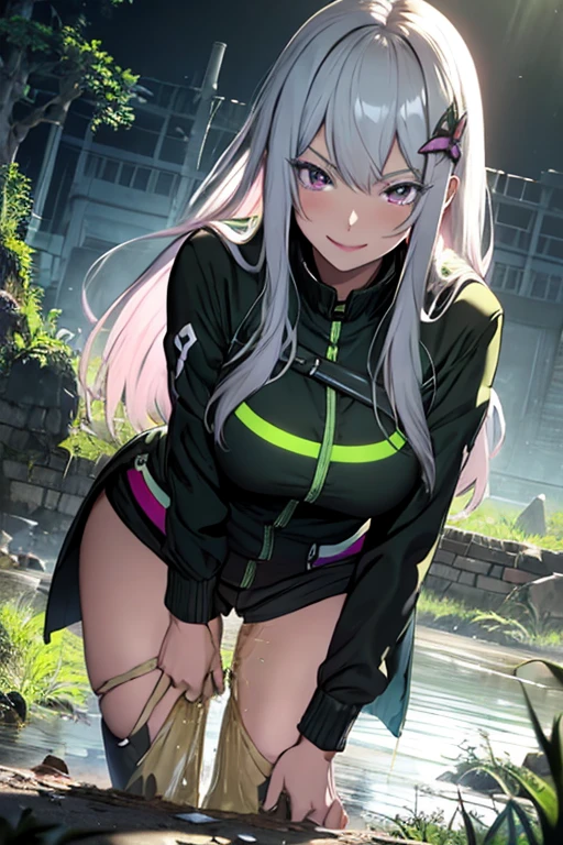 ((highest quality)),High resolution,Sharp focus,(Super detailed,Very detailed),
(Very detailed CG unity 8k wallpaper),(((Vibrant colors))),Anime Style,
Natural skin texture 鮮明な詳細, (Realistic eyes, Natural skin texture, Realistic facial details),
1 girl, Beautiful and elaborate face, Perfect Eyes,((Silver Hair)),Long Hair,Echidna, Deep purple eyes,
Butterfly Hair Ornament, (Colored eyelashes:1.1), eye shadow,
Red pink lips,The colors of another world,Arrogant look, 横暴なsmile,Big and ample breasts,Camel Toe
(Flying debris, 超High resolution),(((Black and Green Theme))),Wear an iridescent aura,
Invisible Light, Amazing shine, Neon green glow,
Bright colors, Ghostly Effects,Surreal Landscape,(Peeing on your own,urination:1.4),An urgent need to go to the toilet,邪悪なsmile,
smile,The corners of the mouth turn up,wetting her 服, Pee running down her legs,
Big puddle of urine,
Teacups placed on the ground,Saucer、Spoon Rubble,weed,cracked cobblestone,Mossy wall,
Waterway,