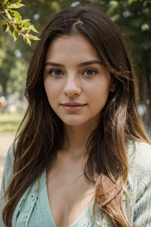 Photorealistic portrait of a 21-year-old Italian girl with long, light, slightly wavy hair and green eyes. Elle devrait avoir une expression naturelle et accessible et être éclairée par une douce lumière du soleil dorée. the background should be a picturesque outdoor setting, There is a sunny park or a beach. Capturez cette image avec une photo haute résolution à l’aide d’un objectif de 85 mm pour une perspective flatteuse.