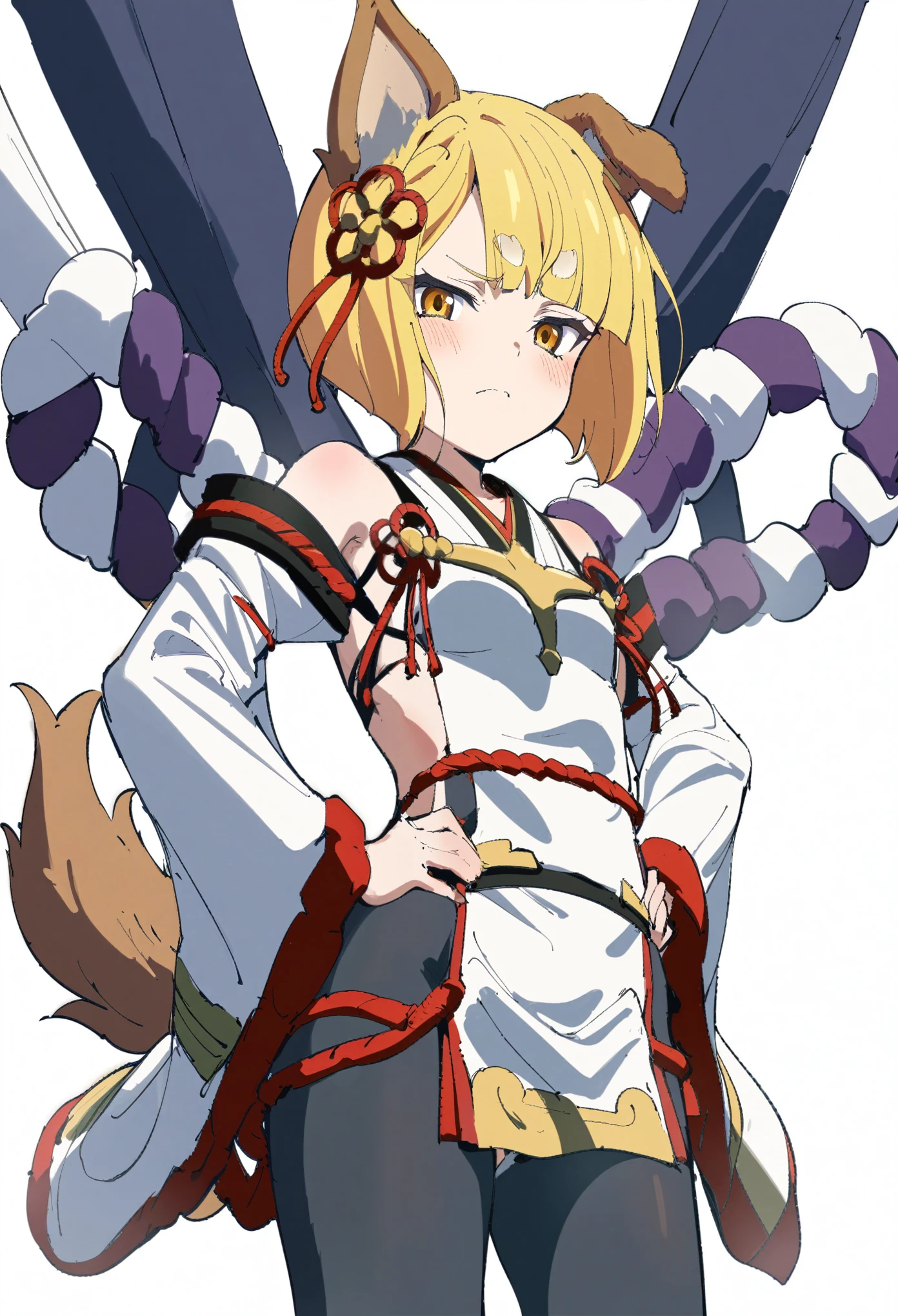 (by sincos:1.3), rating_9, rating_8_up, rating_7_up, 1girl, solo, vajradef, dog tail, dog ears, blonde, bob cut, yellow eyes, black pantyhose, hair ornament, japanese clothes, bare shoulders, detached sleeves, wide sleeves, white pelvic curtain, shimenawa, rope, small breasts, standing, hands on hips, serious, neutral, looking at viewer, upper body, cowboy shot, white background, simple background, masterpiece, best quality