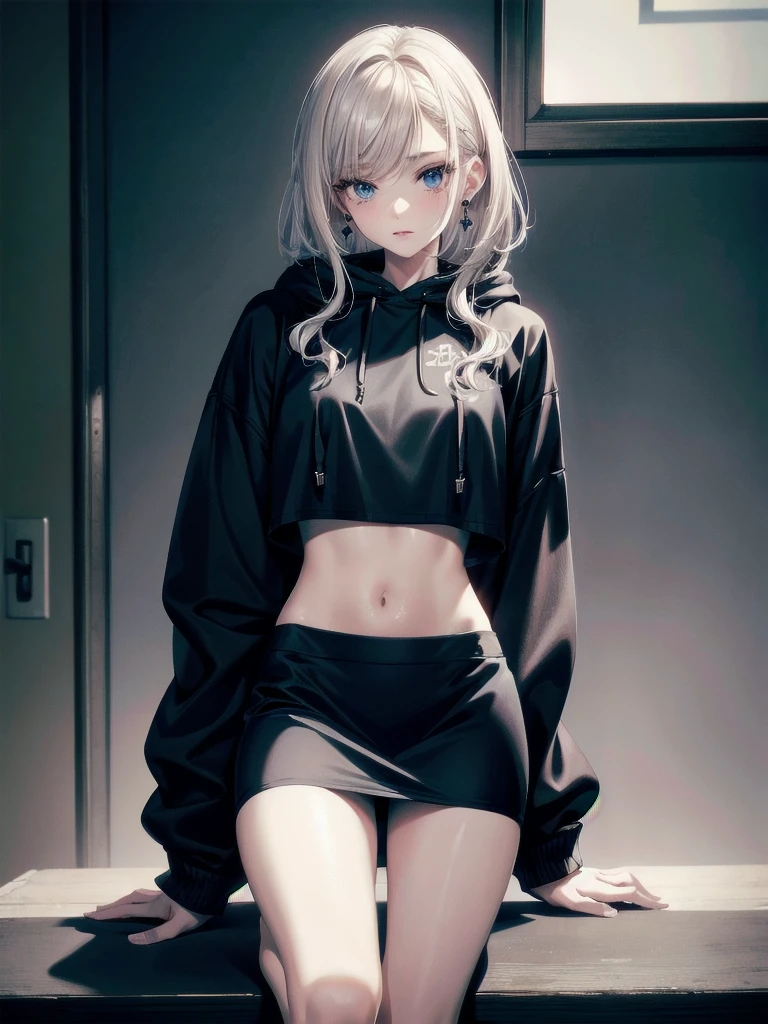 crop top, hoodie, mini skirt, absurdres, RAW photo, extremely delicate and beautiful, masterpiece, Best Quality, ultra high resolution, 32k, hyperrealistic, ultra-detailed, detailed description, pale skin, 20 years old, tearful mole, earring, short medium hair, wavy hair, full body shot,