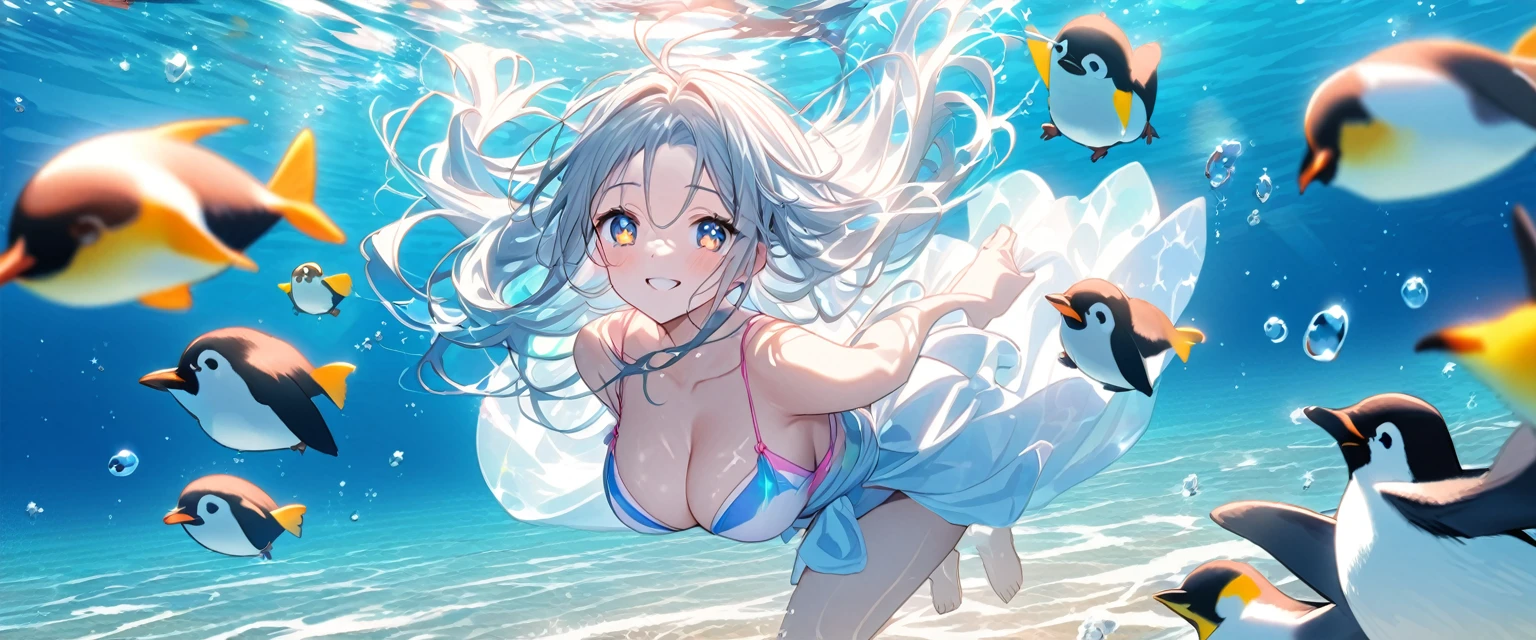 anime、Vibrant colors、In the water、Uplifting、A beautiful woman swimming in the ocean at 100km per hour、20 years old、Long Hair、Calm、Bright eyes、Sparkling eyes、Large Breasts、An innocent smile、10 cute penguins、100 vibrant tropical fish、1000 glittering particles