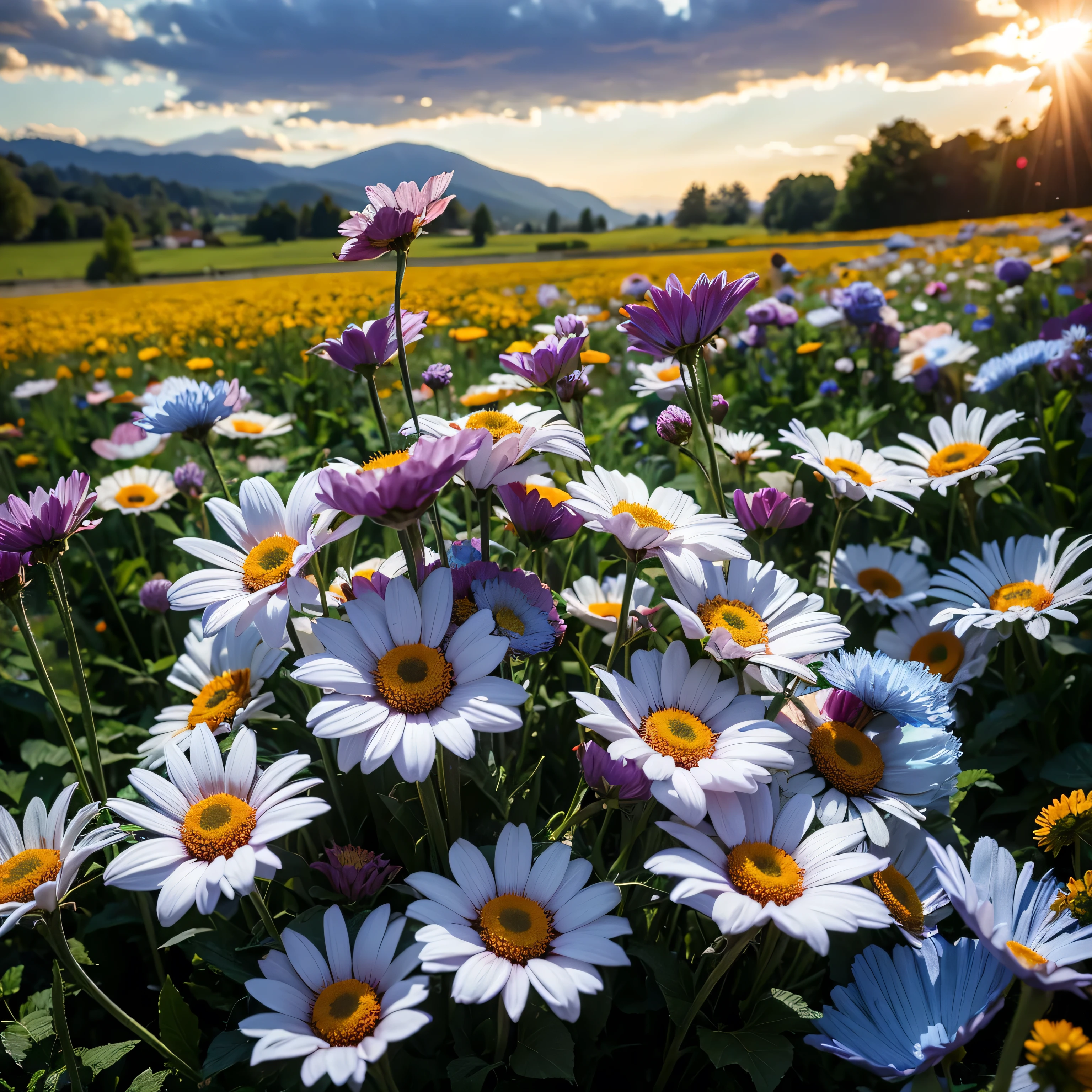 Blue daisies in bloom in a valley, sunlight, clouds, sky, delicate petals, full view of the flower.