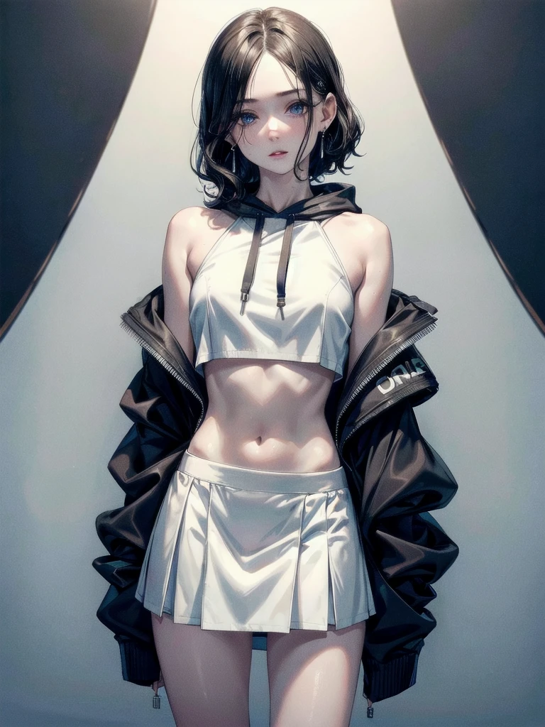 crop top, hoodie, mini skirt, absurdres, RAW photo, extremely delicate and beautiful, masterpiece, Best Quality, ultra high resolution, 32k, hyperrealistic, ultra-detailed, detailed description, pale skin, 20 years old, tearful mole, earring, short medium hair, wavy hair, full body shot,