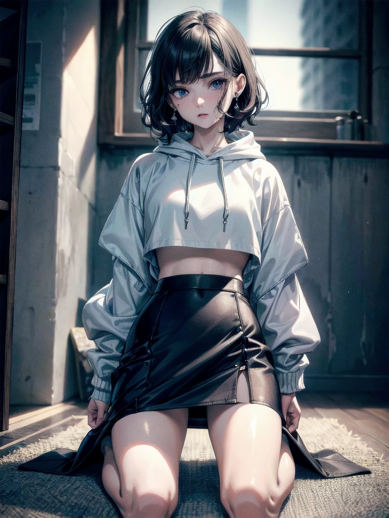 crop top, hoodie, mini skirt, absurdres, RAW photo, extremely delicate and beautiful, masterpiece, Best Quality, ultra high resolution, 32k, hyperrealistic, ultra-detailed, detailed description, pale skin, 20 years old, tearful mole, earring, short medium hair, wavy hair, full body shot,
