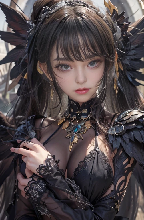 (masterpiece:1.3), (8k, Realistic, RAW Photos, Best image quality: 1.4), Fair-skinned fairy woman、blow long hair、Hair blowing in the wind、Cleavage:2.0、Highly detailed face、Attention to detail、double eyelid、Chest to chest、Sharp focus:1.2、Beautiful woman:1.4、 Brunette Hair、highest quality、masterpiece、超A high resolution、(Realistic:1.4)、Highly detailed and professionally lit smiles, Gothic Costume、Dark Street ,Shoulder out、thin、Serious expression、black goth fashion:1.2 , Short-haired、Deadly position, Gorgeous Necklace , one person、whole body, Giant black angel wings on latissimus dorsi、Rainy , Yellow Eyes、Two hands, Perfect Fingers.