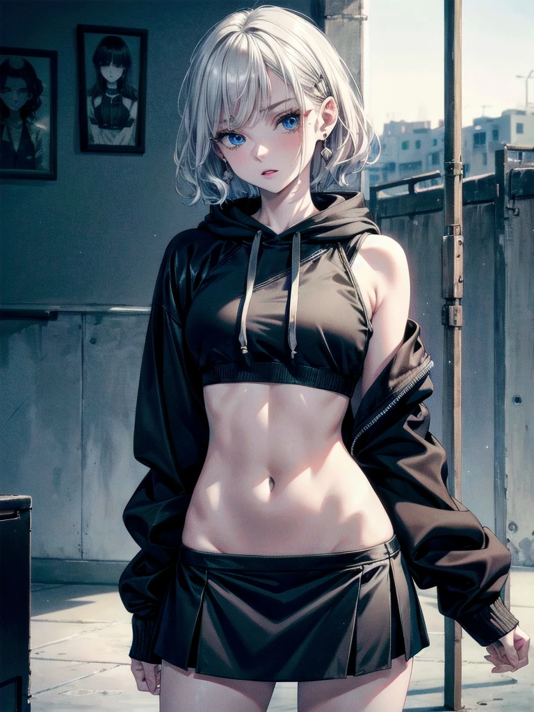 crop top, hoodie, mini skirt, absurdres, RAW photo, extremely delicate and beautiful, masterpiece, Best Quality, ultra high resolution, 32k, hyperrealistic, ultra-detailed, detailed description, pale skin, 20 years old, tearful mole, earring, short medium hair, wavy hair, full body shot,