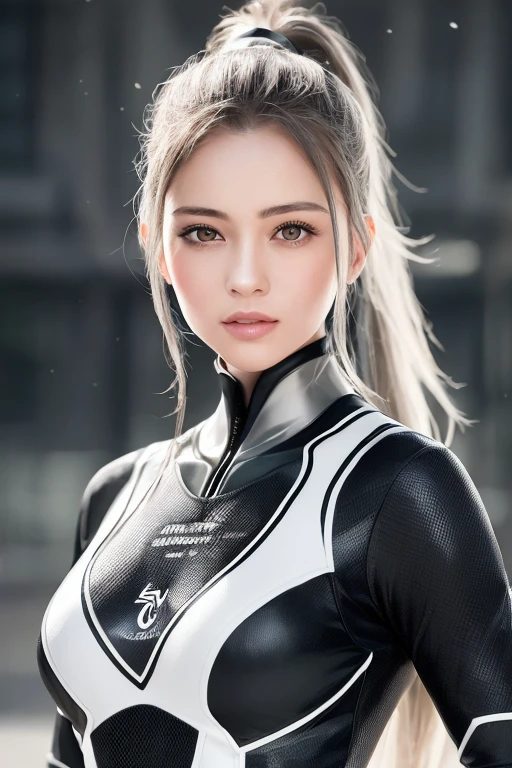 (RAW Photos:1.2), (Realistic:1.4),(masterpiece:1.3),(highest quality:1.4),超High resolution,(Fine grain),High resolution,8k, (Highly detailed illustration),One girl, (whole body), Super handsome combat soldier、 (( Neckband、Black and white grey cyber suit ))　、With a little smile、 so beautiful, (Realistic face),　( Silver color long ponytail　Wet Hair　), beautiful , A brilliance that captivates the viewer, beautiful expression, beautiful breasts, (Realistic skin), 　Cyber City、