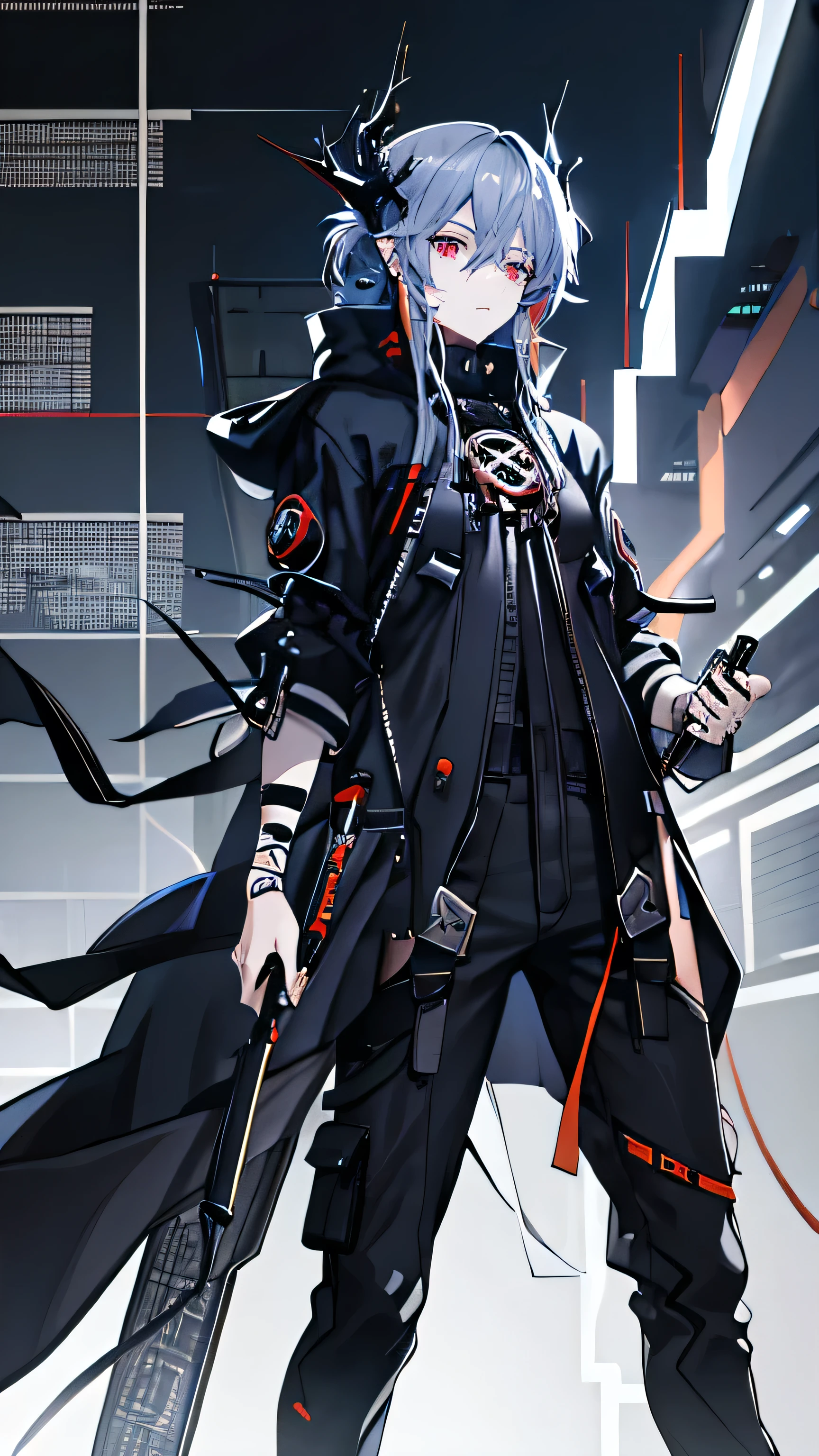 Blue-gray hair，pupil，Japanese devil corner，Low Ponytail，Cyberpunk style black hooded coat，Overalls，bandage underwear，Thick sneaker mechanical top line，Orange lines，Technology