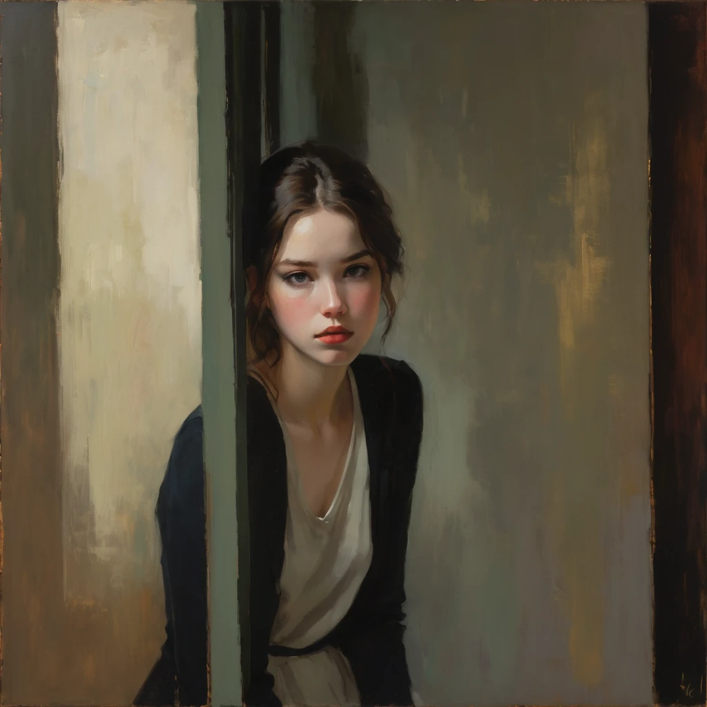 Create an evocative oil painting inspired by Malcolm Liepke, based on the provided image. Capture the intense, introspective expression of the young subject using thick, expressive brushstrokes and a muted color palette. Highlight the emotional depth and vulnerability in the subject's gaze, emphasizing the play of light and shadow on their face. Maintain a simple, textured background that complements the subject's contemplative presence. Focus on the tactile quality of the oil paint to convey the raw emotion and intimacy characteristic of Liepke's style.