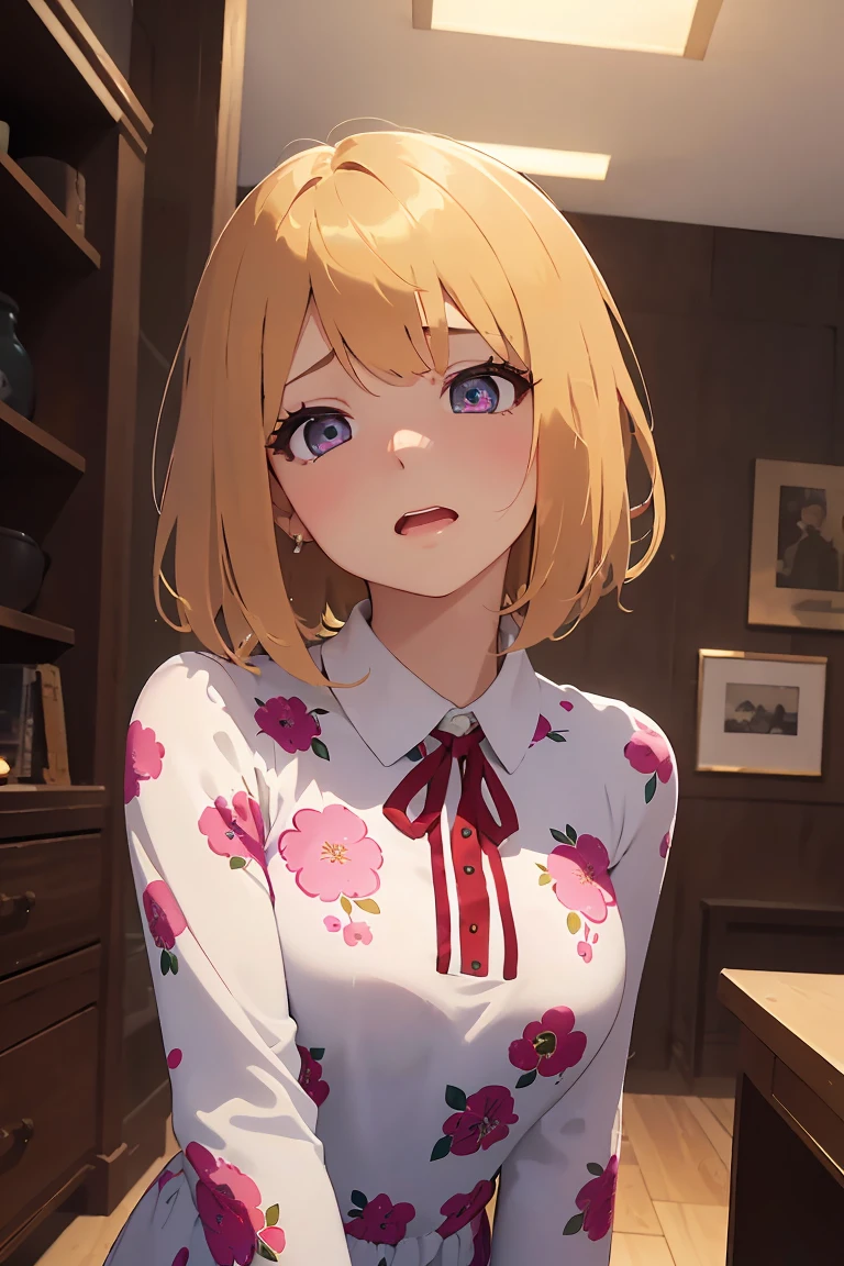 masterpiece, absurdres, best quality, ultra detailed, high Resolution, detailed illustration, bright colour, (extremely beautiful detailed face and eyes, Delicate beautiful face, 1 girl, cute face:1.3), (magenta eyes:1.1), sparkling eyes, big eyes, medium , (perky breasts(pointy breasts:1.1), hips, glamorous body, white skin, BREAK, long bob cut, (blonde hair:0.8), messy hair, detailed hair, shiny hair, BREAK (mini casual dress with floral print, down blouse:1.5), perfect lighting, (embarrassed:1.5), (ecstasy, vulgarity:1.embling:0.8), (Looking up from behind:1.5),