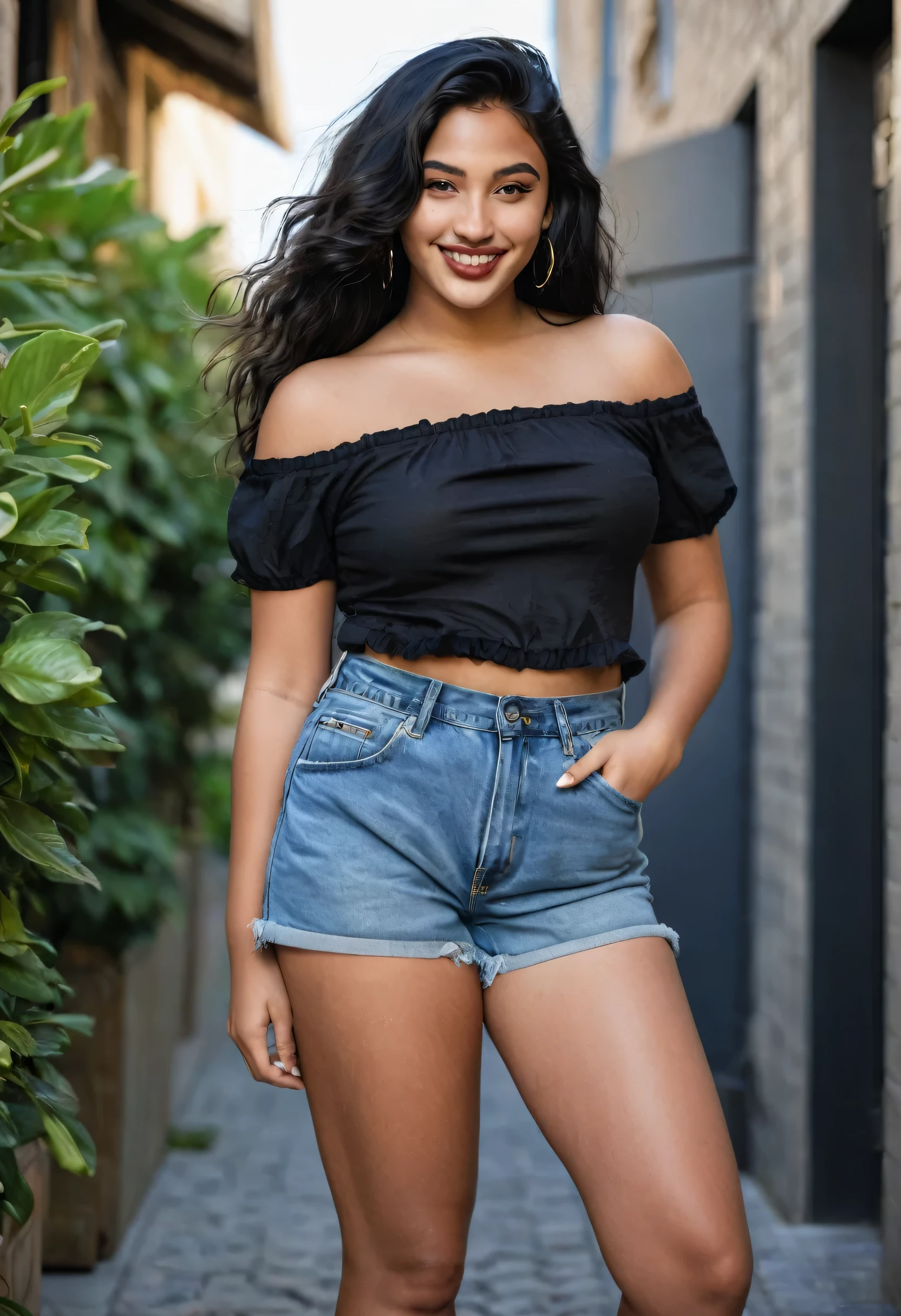 Gritty candid raw full portrait, show entire body, show legs and feet, photo of a gorgeous 21 year old beauty with long black hair, big lips, full body, high cheekbones, seductive, curvy, Long wavy very black hair. Swedish and Egyptian mixed race, realistic skin texture, wearing a half shirt and denim shorts. Outside, smiling, shot with Sony Alpha A6500 1.4f, deep focus, highly detailed, show all surroundings, masterpiece,