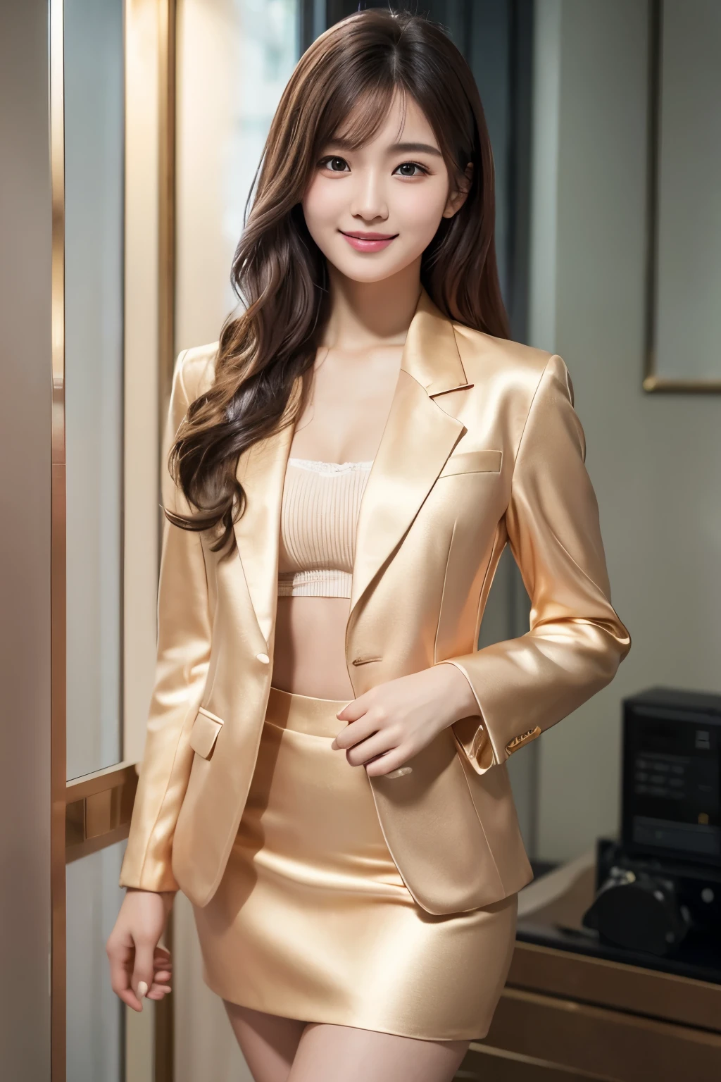 20-year-old、Lovely idol girl、cute、Korean women、Smile、Silk garments、Tight suit、Wearing a blazer(Champagne gold color)、Tight Skirt(Champagne gold color)、Realistic silk texture,Slim fit、Small Bust、Full Body Shot, RAW Photos, (8k、highest quality、masterpiece:1.2)、(Photorealistic:1.4)、 Vivid details, Realistic skin texture, Beautiful details in the eyes,