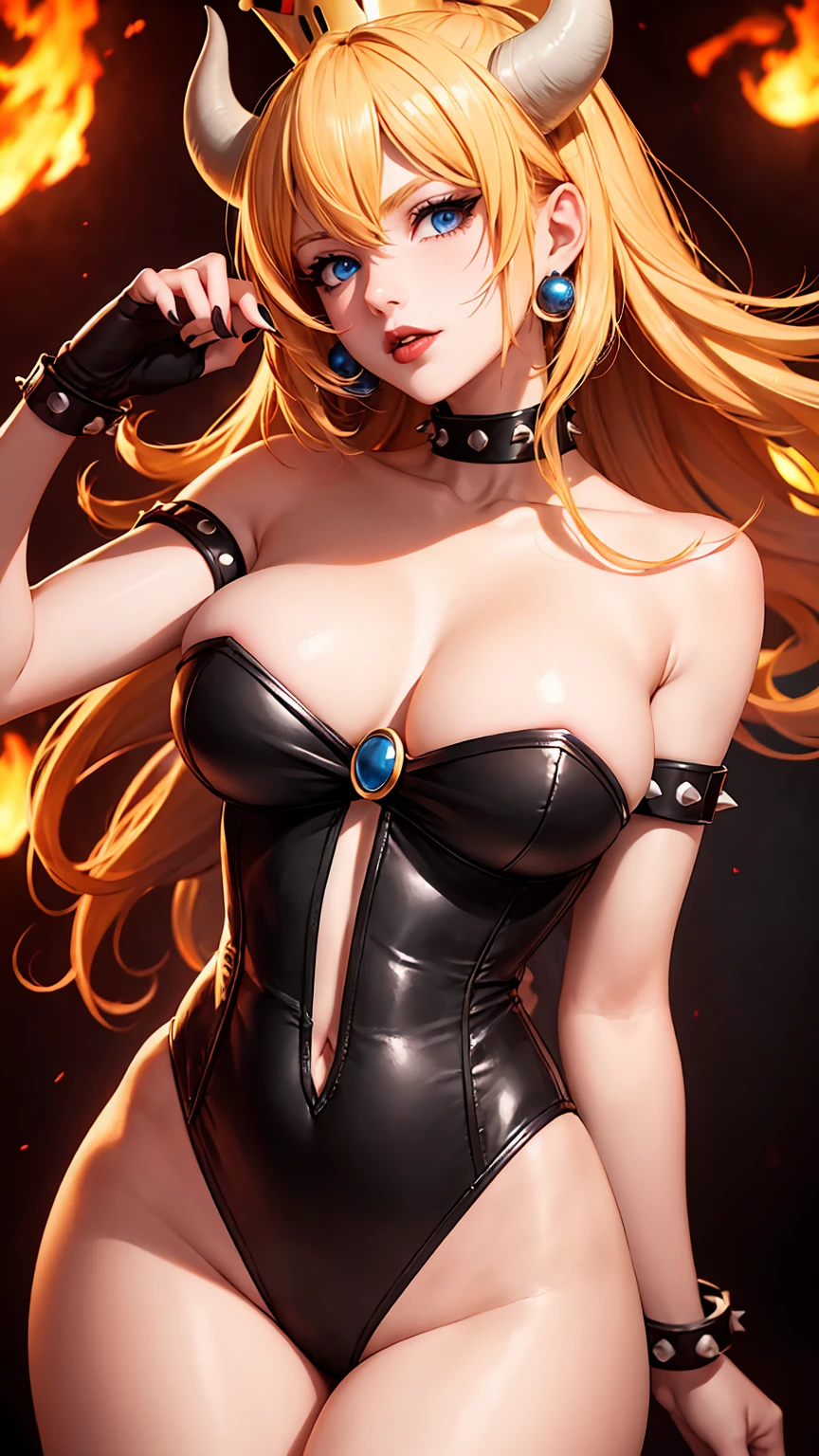 ((high detailed, best quality, 4k, masterpiece, hd:1.3)), ((best quality)), (((HD))), (((8k))), (ultraDH), (ultra HD), Princess Daisy, blue eyes, BREAK blue eyes, seductive, attractive, smooth anime cg art, 36C breasts, long legs, vivid colors, detailed digital art, slim body, perfect skin, dark blonde hair, long hair, blonde hair, blonde hair, BREAK crown, cleavage, 36C cleavage, looking at viewer, BREAK looking at viewer, extremely detailed face, red santa suit, red santa claus suit, santa claus suit, earrings, gem, dark black makeup lips, dark gothic eyeshadows, dark eyeshadows, black eyeshadows, black sexy lips, black lips, (dark:1.2), dark lips, very dark lips, (perfect hands, perfect anatomy), black makeup, black medium lips, black thick lips, detailed fingers, five fingers per hand, 5 fingers, (1 girl), detailed lips, detailed black lips, black painted lips, gothic painted lips, BREAK night, night sky, (breast focus), (arms outstreched:1.2), (from above:1.1), (breasts out:1.3), (off shoulder:1.1), (white horns), (corset), inside a lava castle, she inside a sea of lava, she bathing in lava,