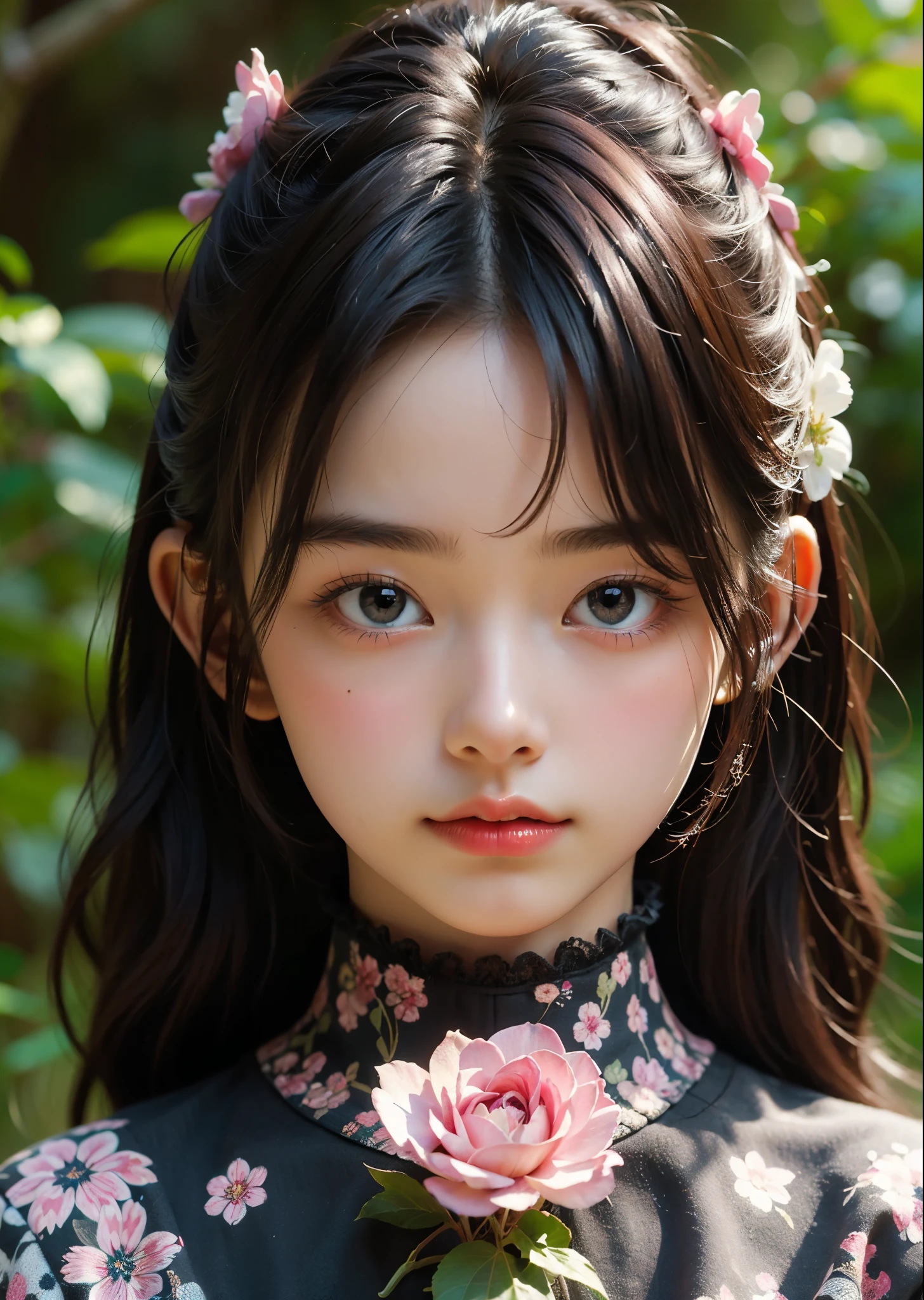 (masterpiece, highest quality, highest quality, Official Art, beautifully、aesthetic:1.2), (1 girl), Very detailed,(Fractal Art:1.3),colorful,Most detailed, Background with fractals and various floral and greenery details