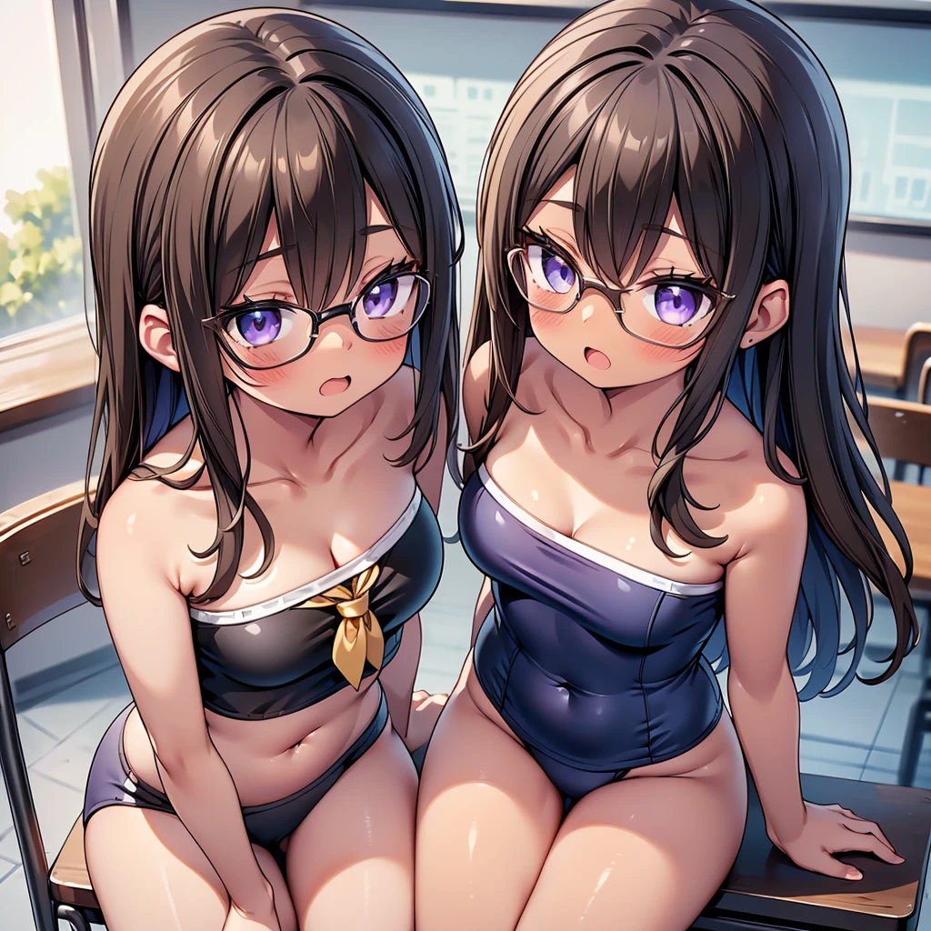 (cute eyes:1.2), (sparkling eyes:1.2), (8K、Best image quality、highest quality、masterpiece)、Detailed face、(2 girls, ((Brown Skin:1.3)))、Improve、(Black Hair, Purple Eyes, Glasses, long hair)、(open mouth), (embarrassed), (skinny body:1.3),(small breasts), (strapless, School Swimsuit:1.2), (cleavage), (crop top navel), Sit on a chair, Classroom Background, (black stockings:1.1), (Thighs:1.1), (Waistline:1.1),(close-up shot of bust), (from above:1.2)