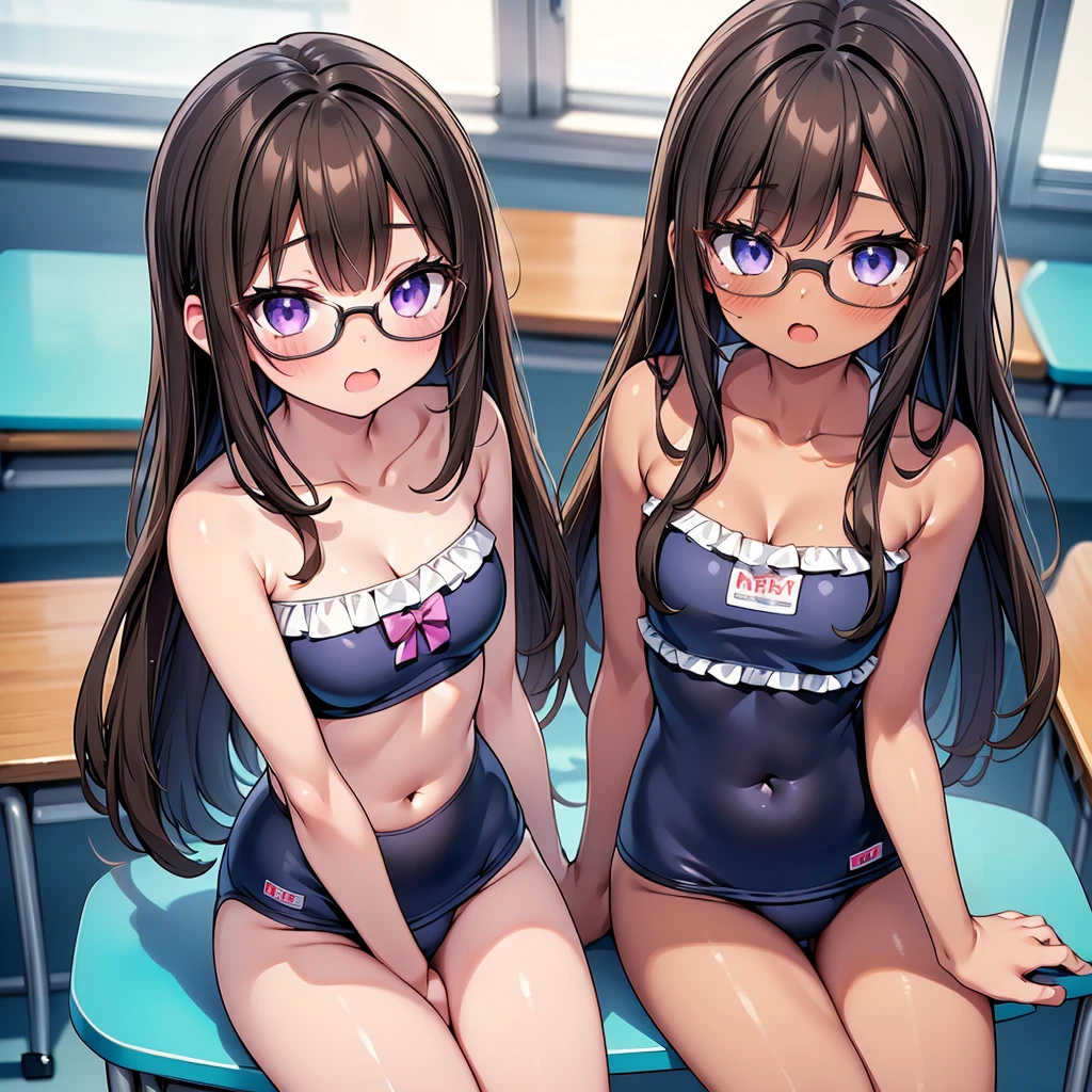 (cute eyes:1.2), (sparkling eyes:1.2), (8K、Best image quality、highest quality、masterpiece)、Detailed face、(2 girls, ((Brown Skin:1.3)))、Improve、(Black Hair, Purple Eyes, Glasses, long hair)、(open mouth), (embarrassed), (skinny body:1.3),(small ), (strapless, School Swimsuit:1.2), (cleavagp top navel), Sit on a chair, Classroom Background, (black stockings:1.1), (Thighs:1.1), (Waistline:1.1),(close-up shot of bust), (from above:1.2)