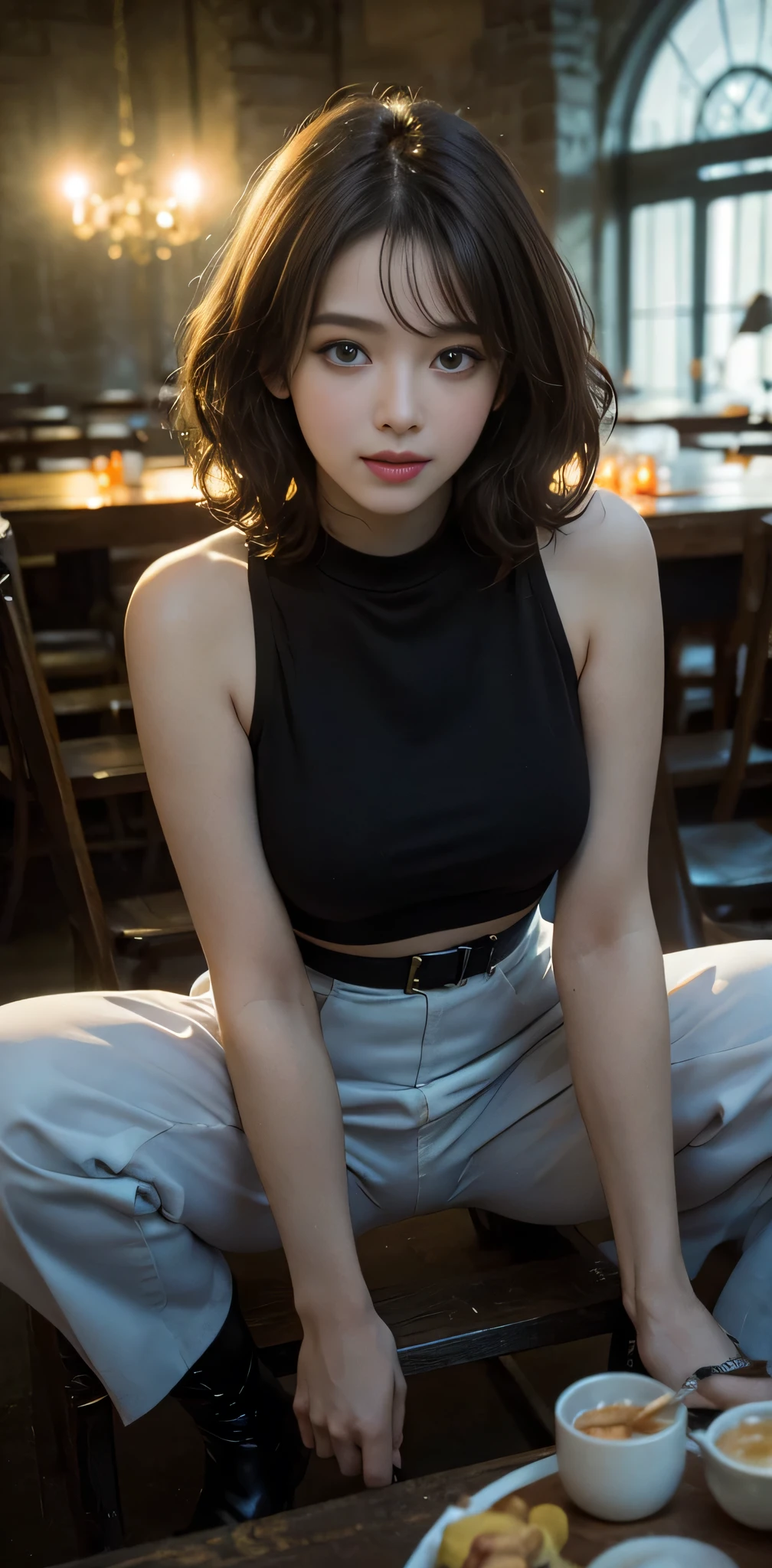 RAW photo, bokeh, (Lifelike face), smiled slightly, Top image quality, High resolution, best quality, 8k, HDR, (photorealistic:1.5), (1girl:1.4), S-shaped body, slim body, slim face, brown and curly and messy hair, very detailed face, beautiful eyes, [chubby], adorable, full body portrait, Close-up, sharp outline, romantic, fashion, uniform, culotte, spread your legs, sit on a squat, (spread legs:1.3), can see underwear, delicate face, short brown hair fluttering in the wind, 22-year-old girl, slim figure, medium chest, sexy, plump breasts, open chest, charisma, glamorous, standing tall.