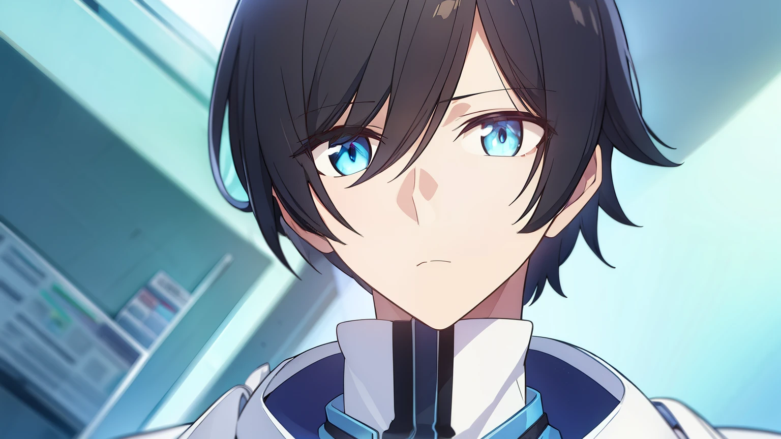 1male, black hair, cerulean blue eyes, short hair, white pharmacist coat, futuristic, visual novel cg style, BREAK looking at viewer, BREAK (masterpiece:1.2), best quality, high resolution, unity' 8k wallpaper, (illustration:0.8), (beautiful detailed eyes:1.6), extremely detailed face, perfect lighting, extremely detailed CG, (perfect hands, perfect anatomy)