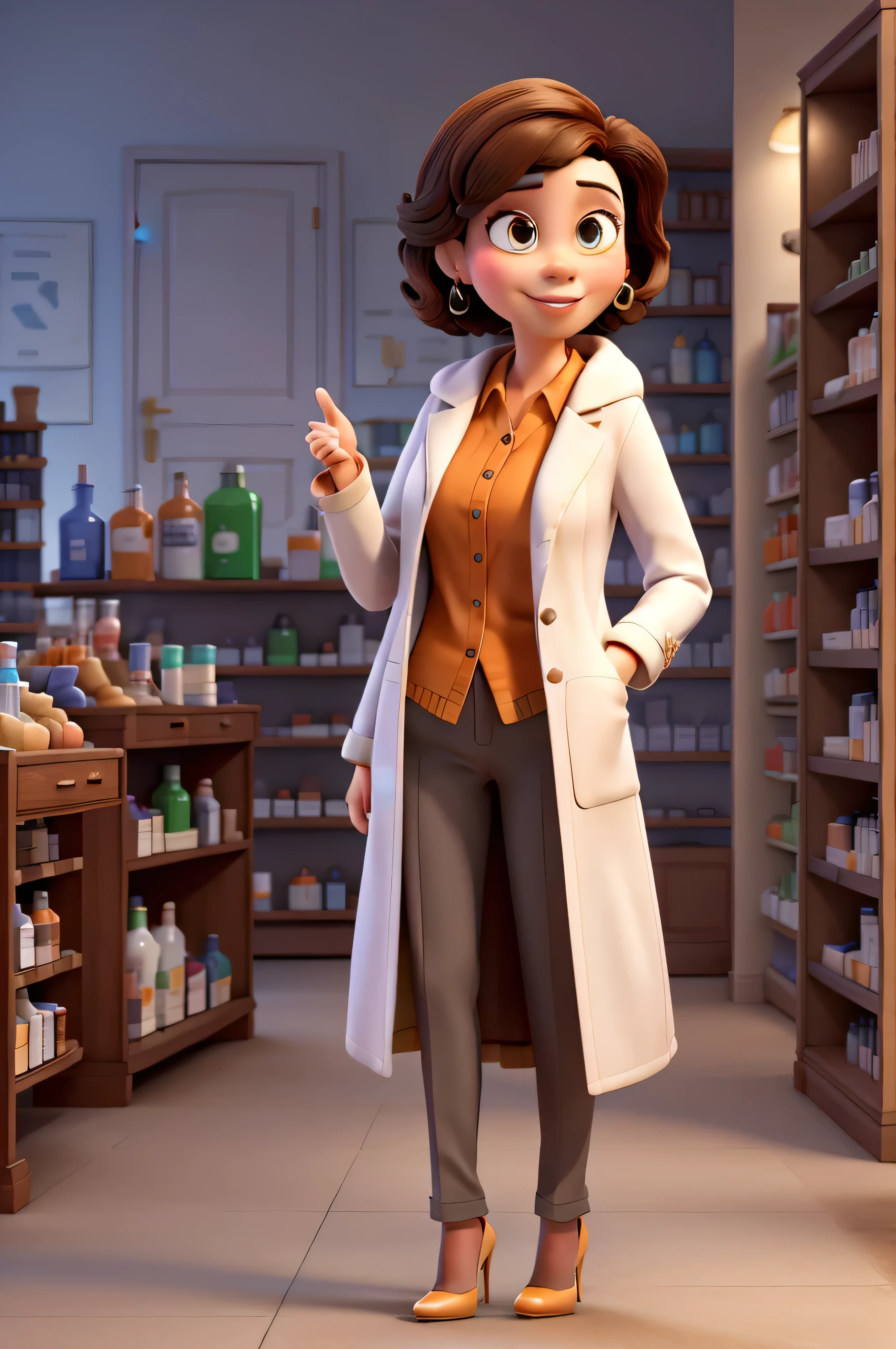 PHARMACIST IN COAT, standing in high heels ,POINTING WITH HANDS TO THE SIDE, ESTILO PIXAR DISNEY 3D