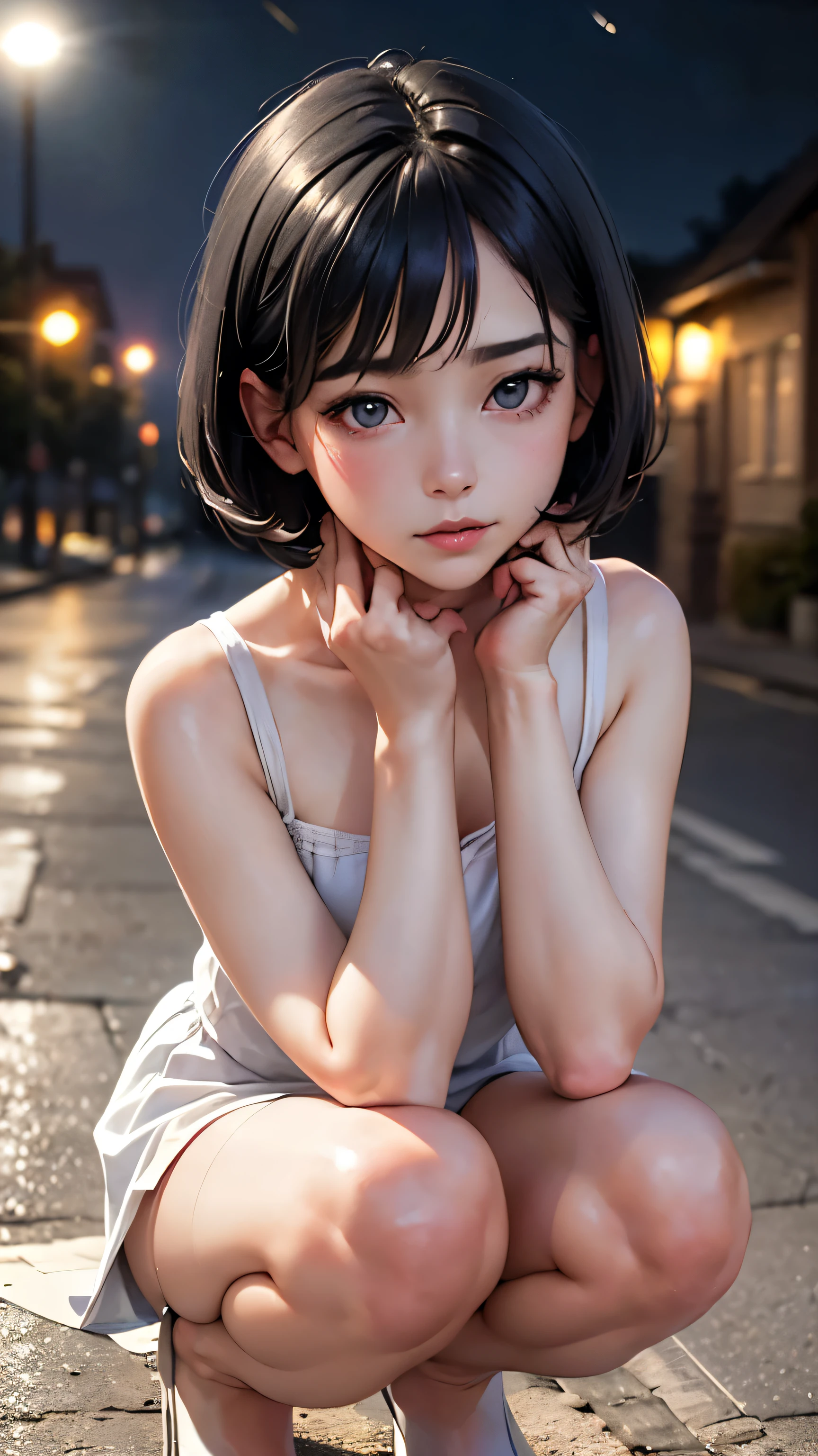(,Street lamp,moon),masterpiece, One woman, Solo Exhibitions, Beautiful woman with small breasts,Beautiful Goddess Portrait, Beautiful and elaborate face, Porcelain-like skin, (((Full Shot,center, night, Black Hair, short hair)), Very soft lighting, Symmetric, complicated, grace, Attention to detail, realism, art, concept art,White clothes,squat,