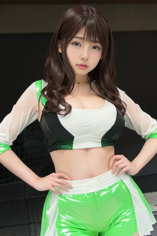 Close-up of a woman in a latex green and white uniform,Race Queen， Perfect android girl, Japanese Model, deayami kojima, Naughty face, Tsuyoshi Miyamoto, Cosplayers, Perfect android girl family, Slim girl model photo, Young and busty gravure idol, Ijiri，Android Heroine, Elf, nico tanigawa, Anime Girl Cosplay, Japanese Robot Geisha, Japanese mascot