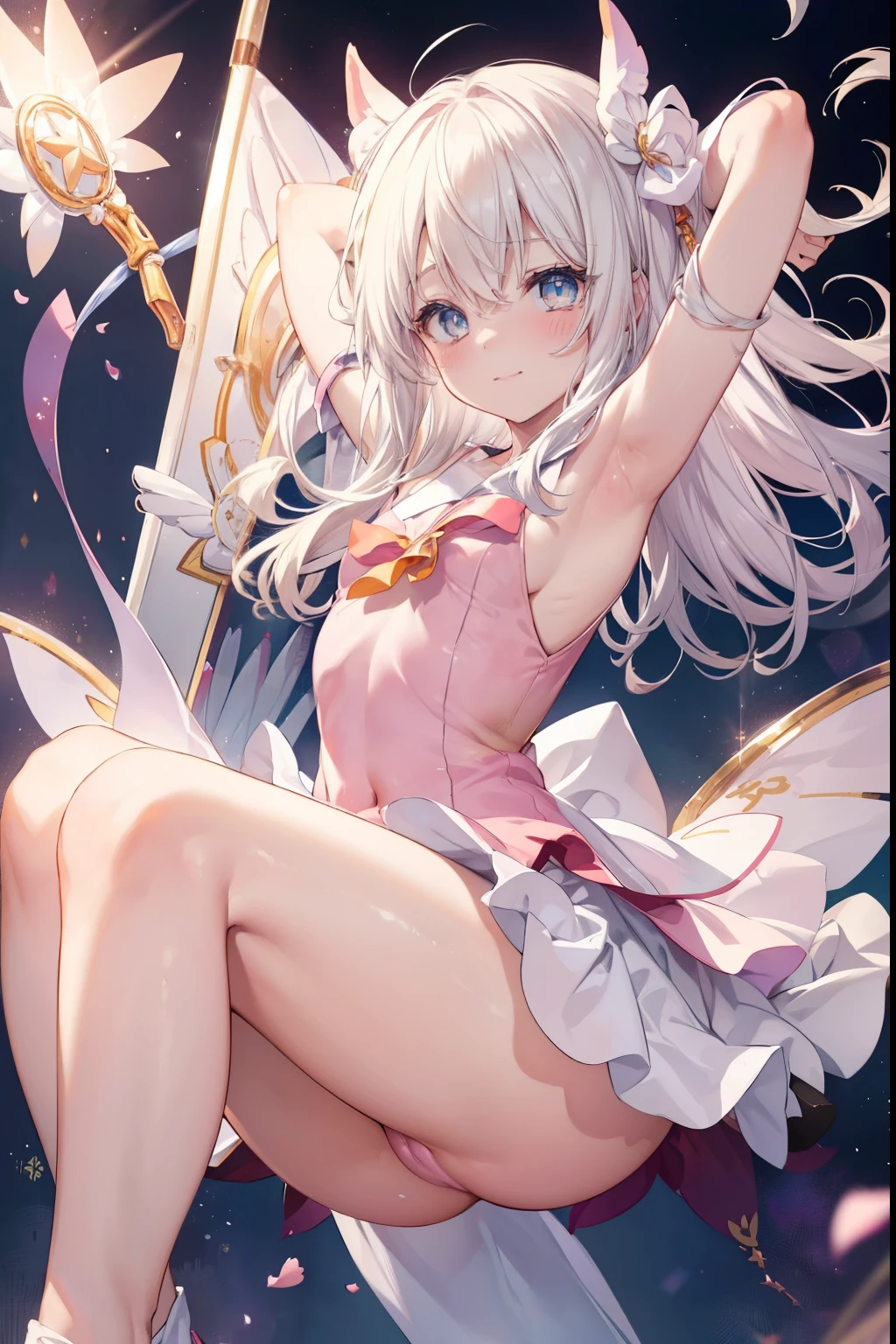 Ilya、blush,smile、Magical girl、Magical girl衣装を着ている、Primary school students、The back is very small、ta、Small breasts、Showing armpits、exterior: 14 yulder Bare、The clavicle is visible、Sexy thighs、Beautiful feet、Usual hairstyle、Show me your armpits:1.2), highest quality, High resolution, unity 8k wallpaper, (shape:0.8), (Beautiful and beautiful eyes:1.6), Highly detailed face, Perfect lighting, Extremely detailed CG, (Perfect hands, Perfect Anatomy),