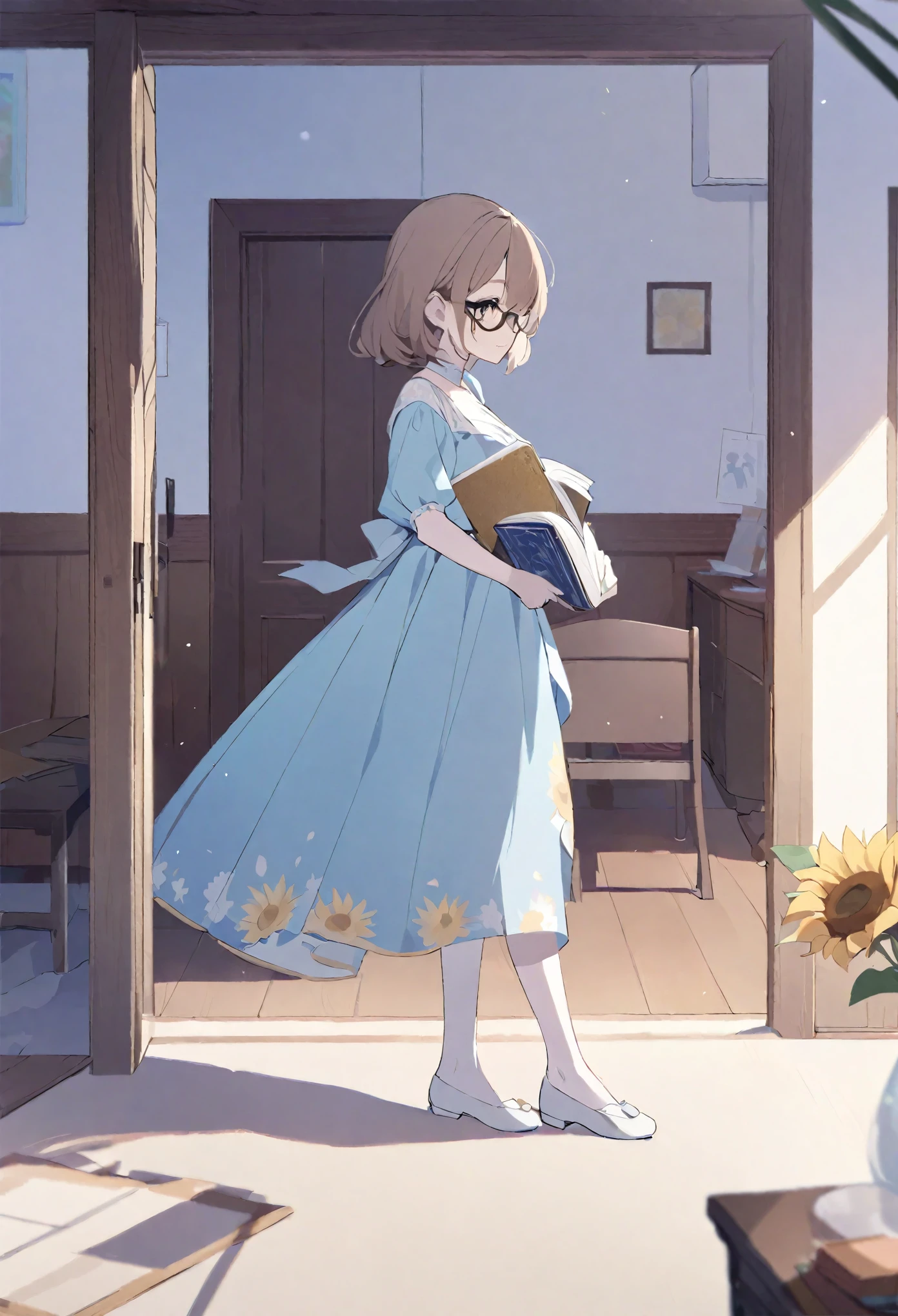 A drawing A girl who reads a book who has white skin light brown eyes short brown hair who, wear a pastel blue dress with a sunflower design on the dress wear glasses be in a room
