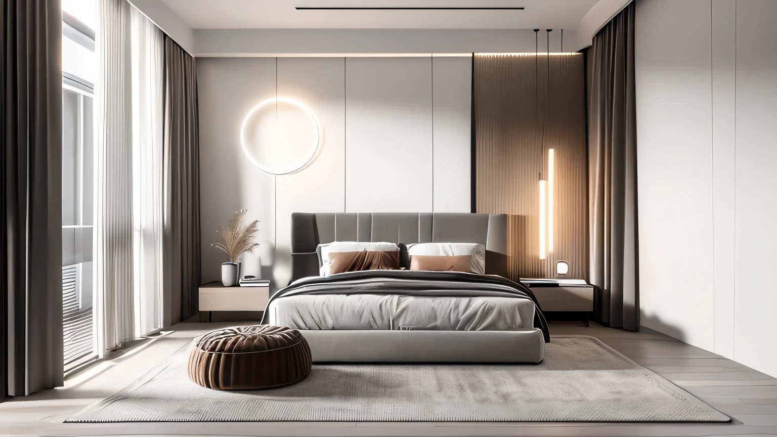 Lao Chen, Interior Design, bed room, Light Color, (grossy wooden floor), (soft cloth in wardore), (window), (curtain light), (light obscured by translucent curtains), (sofft warm led light), (circle spotlight), (indoor), (woodrn door), (tone gray mix white bed), {bright sunlight|midday}, {Best Quality|Masterpiece|best illustration|Photorealism archdaily|award winning design|photorealistic|extreme detail|Stunning|photographic render|High-fidelity|vray render|Eye-catching|Sharp edge render}, ((masterpiece)), ((best quality:1.4)),(ultra-high resolution:1.2),(realistic:1.4),(8k:1.2)