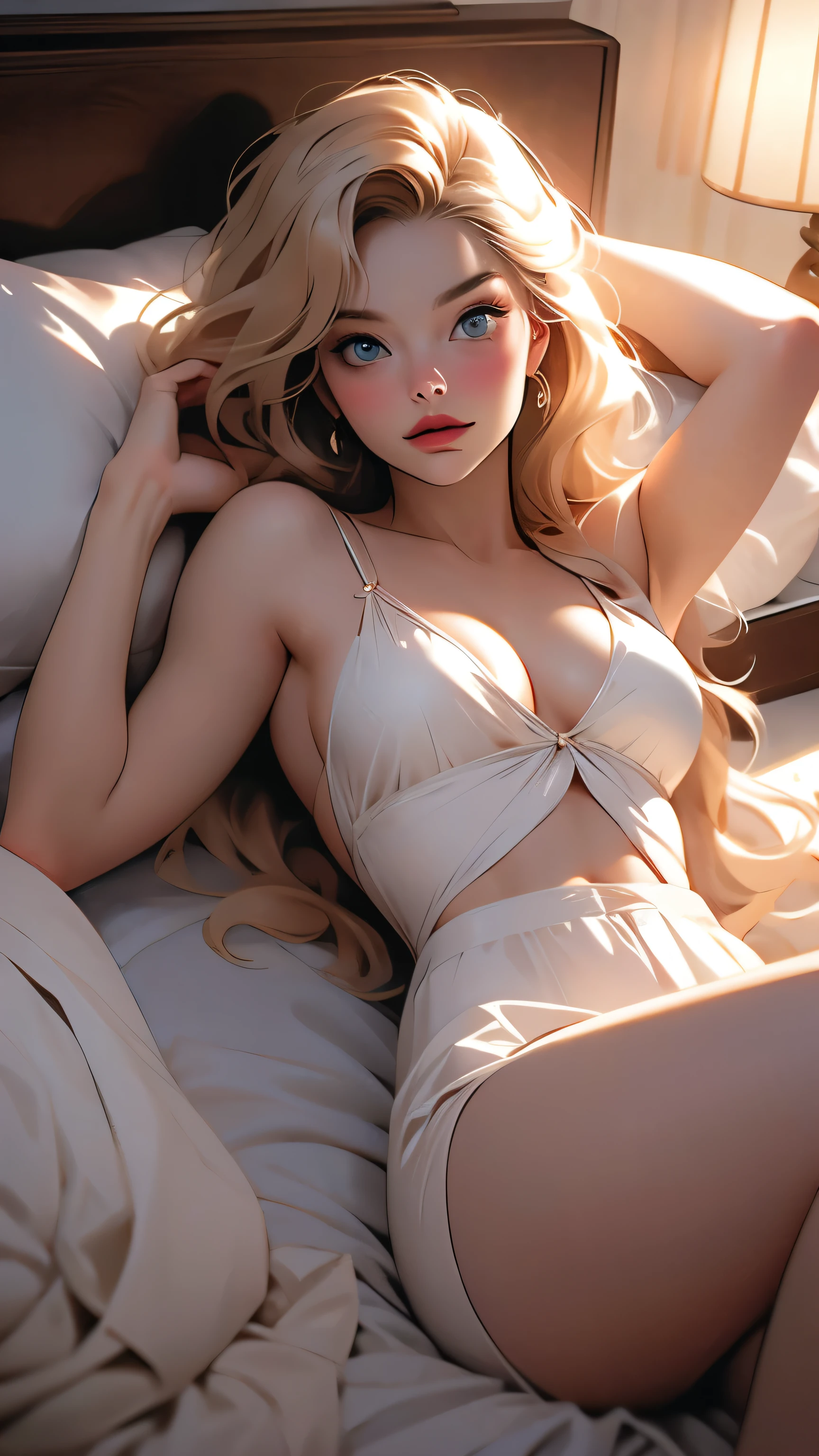 Lying in bed,A woman in underwear with Margot Robbie&#39;s face, Touching the groin,highest quality, Very detailed, 1 girl,Redhead, Long braided hair, Golden Eyes, bangs, Naked Women,Very small pointed breasts, Thin legs,Touching the groin,Looks lewd,Exposing breasts,Spread your legs,Full Shot, Crisp contrast, Beautiful fine details,White panties,I can see your underwear,Leg spread,