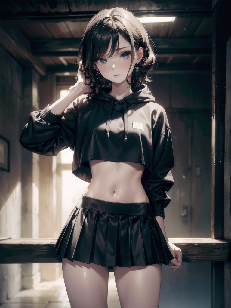 crop top, hoodie, mini skirt, absurdres, RAW photo, extremely delicate and beautiful, masterpiece, Best Quality, ultra high resolution, 32k, hyperrealistic, ultra-detailed, detailed description, pale skin, 20 years old, tearful mole, earring, short medium hair, wavy hair, full body shot,