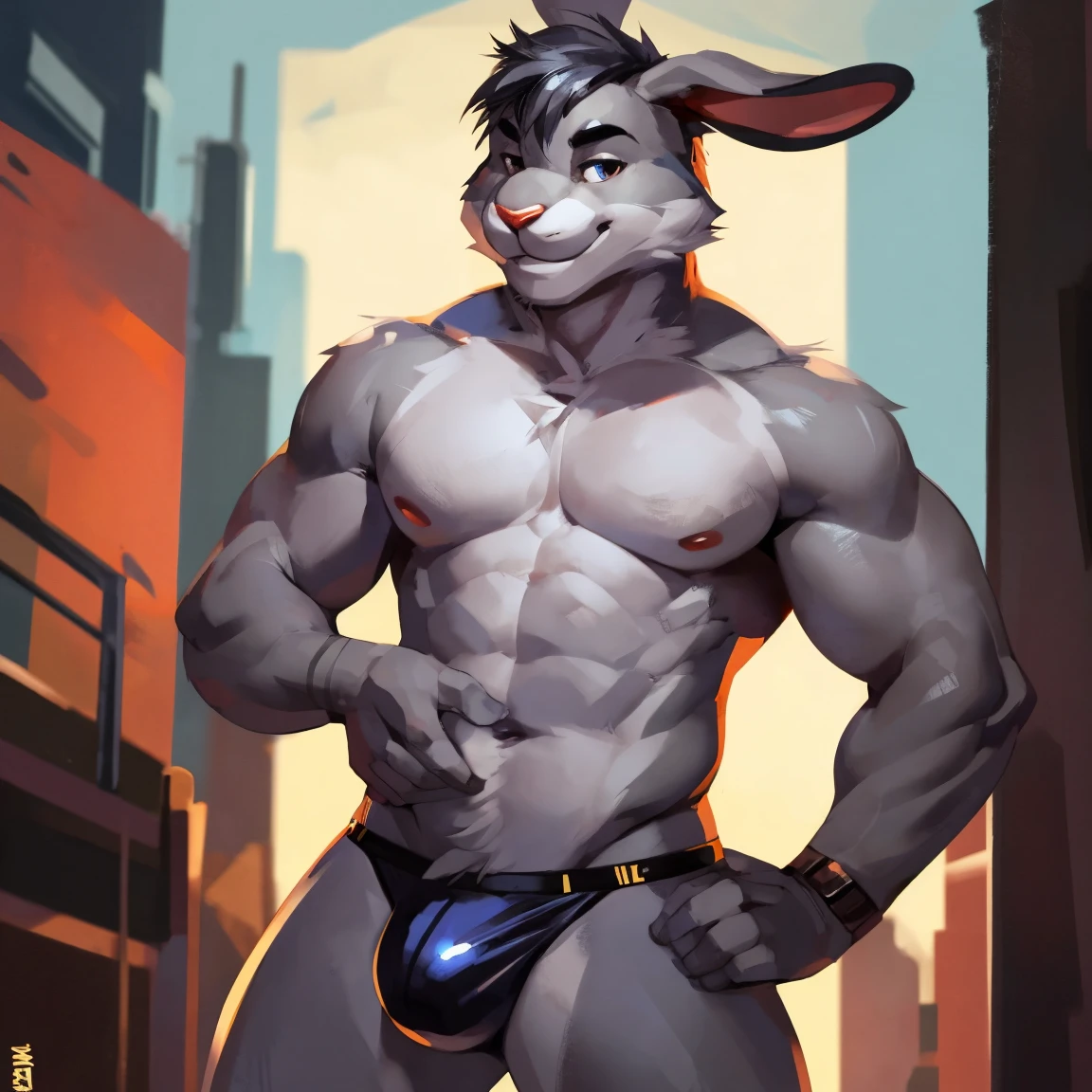 Handsome rabbit, light gray, light gray rabbit, solo, in speedo, black speedos, black underwear, hot, sexy, seductive rabbit, front, standing, posing hands, waist, male v line, attractive, perfect body, good anatomy, By mystikfox61