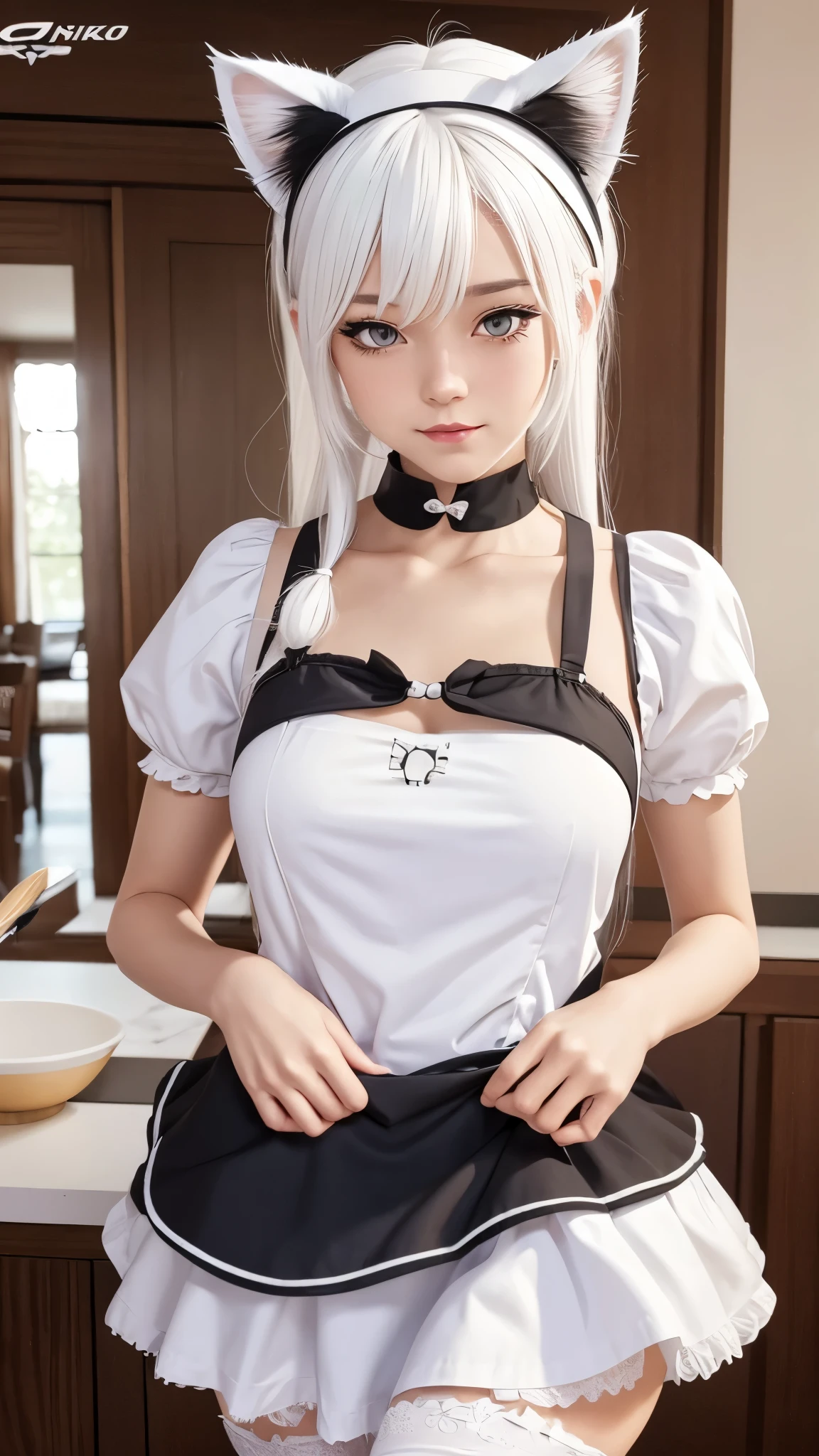 1girl, ebenya, looking at viewer, white hair, neko, cat ears, cat tail, (maid, maid uniform), thin body, flat chest, sensual pose, Russian city, ba-shiroko, comics, fantasia, sfw, marvel e DC