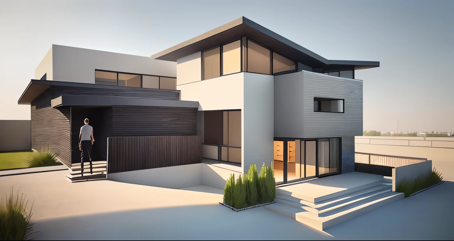 a drawing of a house with a person walking in front of it, sketch - up, concept house, architectural rendering, concept drawing, a digital rendering, architectural render, architectural sketch, conceptual rendering, architectural concept, residential design, architecture concept, overall architectural design, architecture render, architectural 3 d render, exterior design, architectural concepts, architectural visualisation, digital rendering