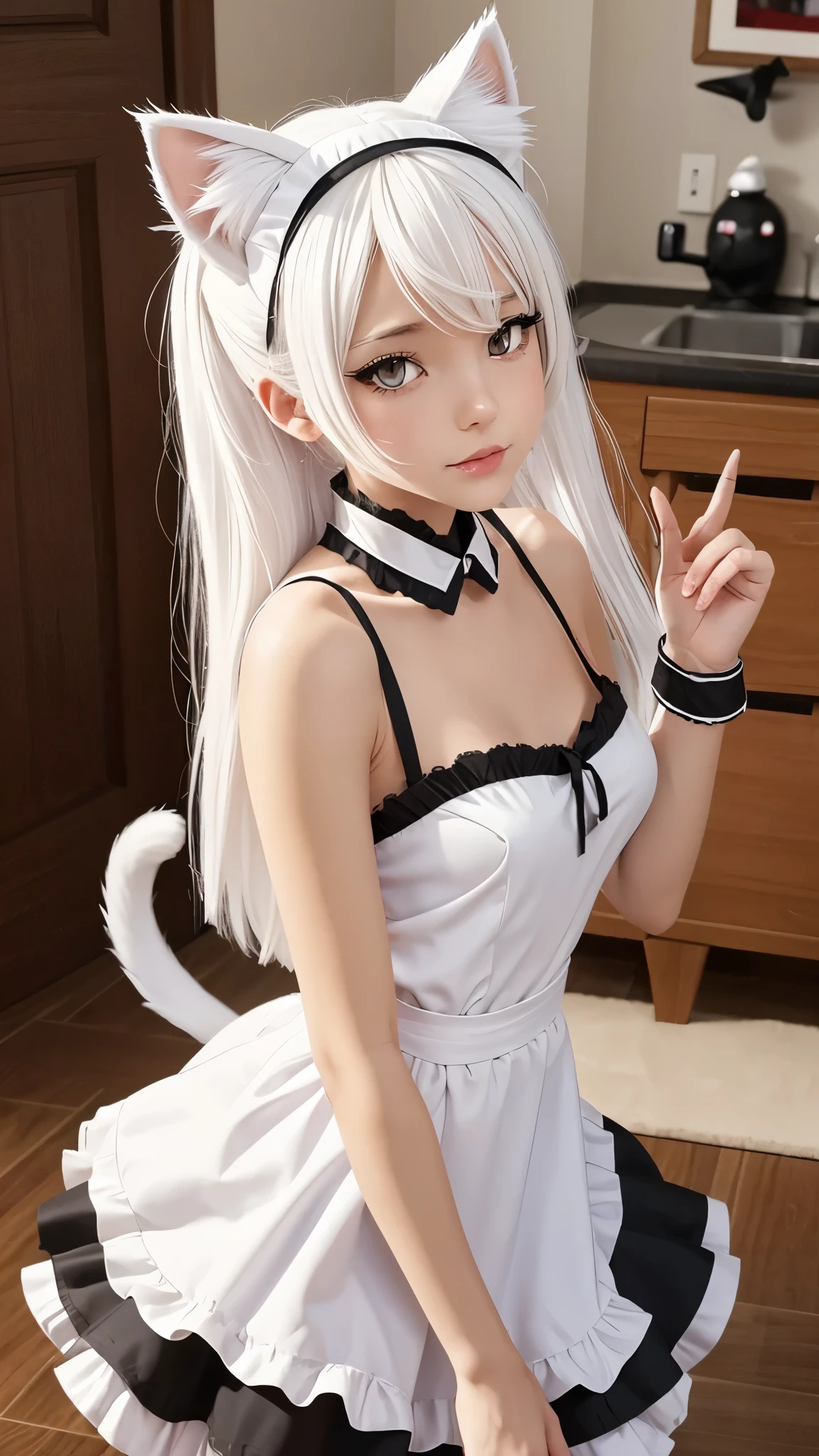 1girl, ebenya, looking at viewer, white hair, neko, cat ears, cat tail, (maid, maid uniform), thin body, flat chest, sensual pose, Russian city, ba-shiroko, comics, fantasia, sfw, marvel e DC