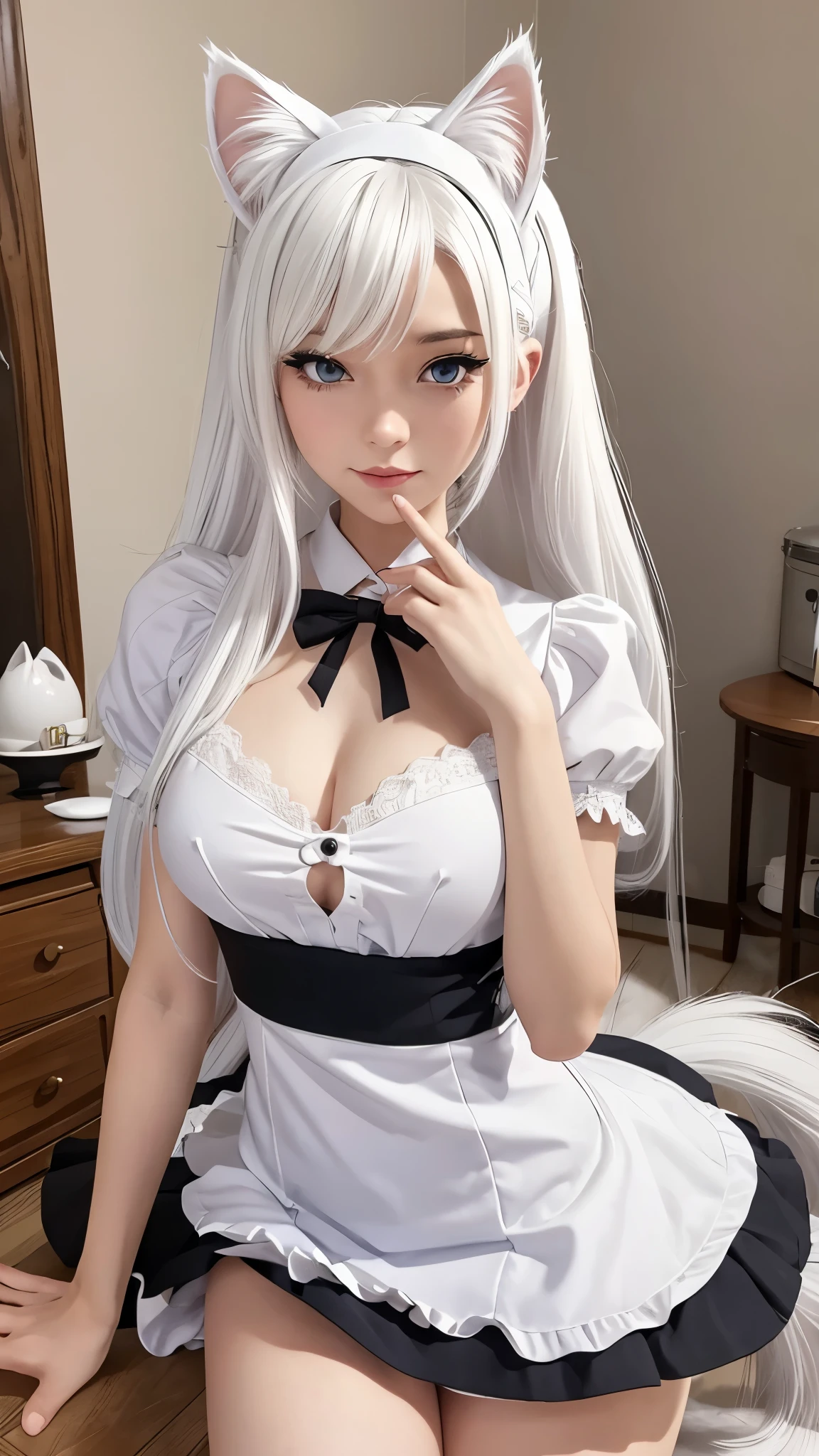 1girl, ebenya, looking at viewer, white hair, neko, cat ears, cat tail, (maid, maid uniform), thin body, flat chest, sensual pose, Russian city, ba-shiroko, comics, fantasia, sfw, marvel e DC