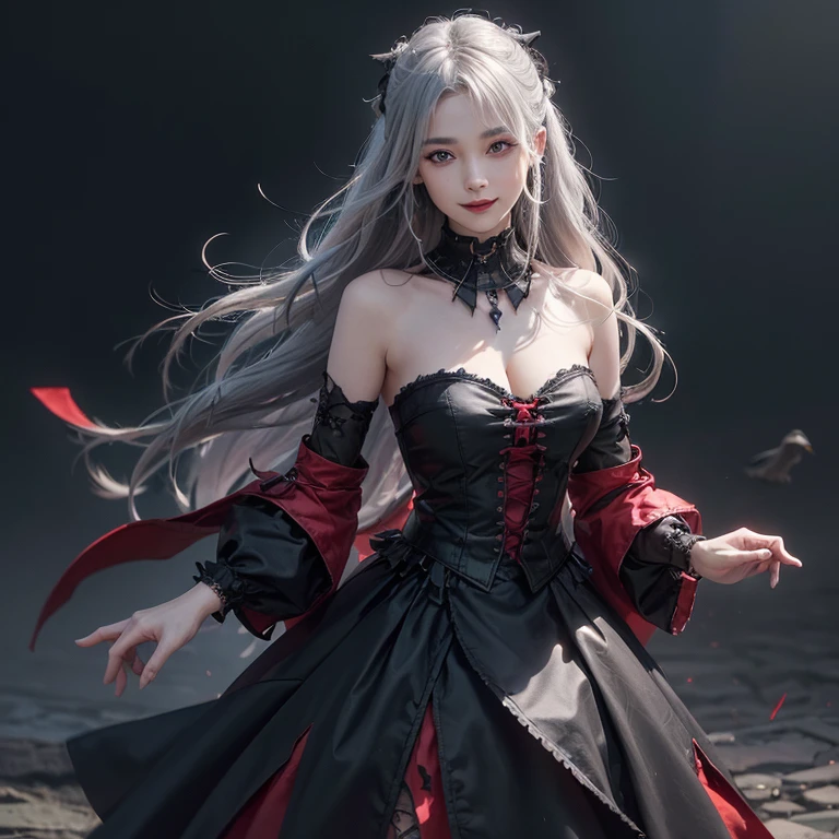 Dark fantasy,Windy weather, Real crows、 ((highest quality、masterpiece、8k、Best image quality、Ultra-high resolution、Award-winning works)、(Accurate anatomy:1.1)、(Look at me and smile:1.1)、Shining fair skin with Ultra-high resolution、The most detailed face、Ultra-high resolution detailed face、Short, flowing grey hair 、Beautiful face drawn in every detail、(Blurred Background:1.1)、 Red and black gothic punk fashion, Modest chest , 肩に乗ったReal crows 