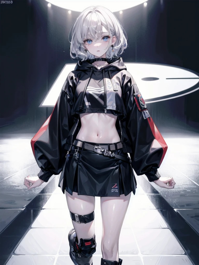 crop top, hoodie, mini skirt, absurdres, RAW photo, extremely delicate and beautiful, masterpiece, Best Quality, ultra high resolution, 32k, hyperrealistic, ultra-detailed, detailed description, pale skin, 20 years old, tearful mole, earring, short medium hair, wavy hair, full body shot,