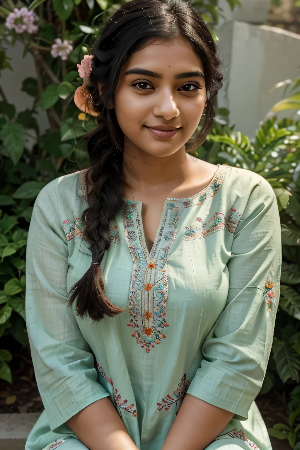 A captivating 21-year-old Indian woman with big, bright eyes, a soft catchy smile, and rosy cheeks. Her jet-black hair is styled in a cute braid with flowers woven in. She has a warm gaze and a slight tilt of her head, looking directly at the camera. She is dressed in a stunning Churidar Kurta with intricate embroidery or design details. The scene is captured in a vibrant outdoor setting, like a lush green garden, bathed in soft natural daylight.