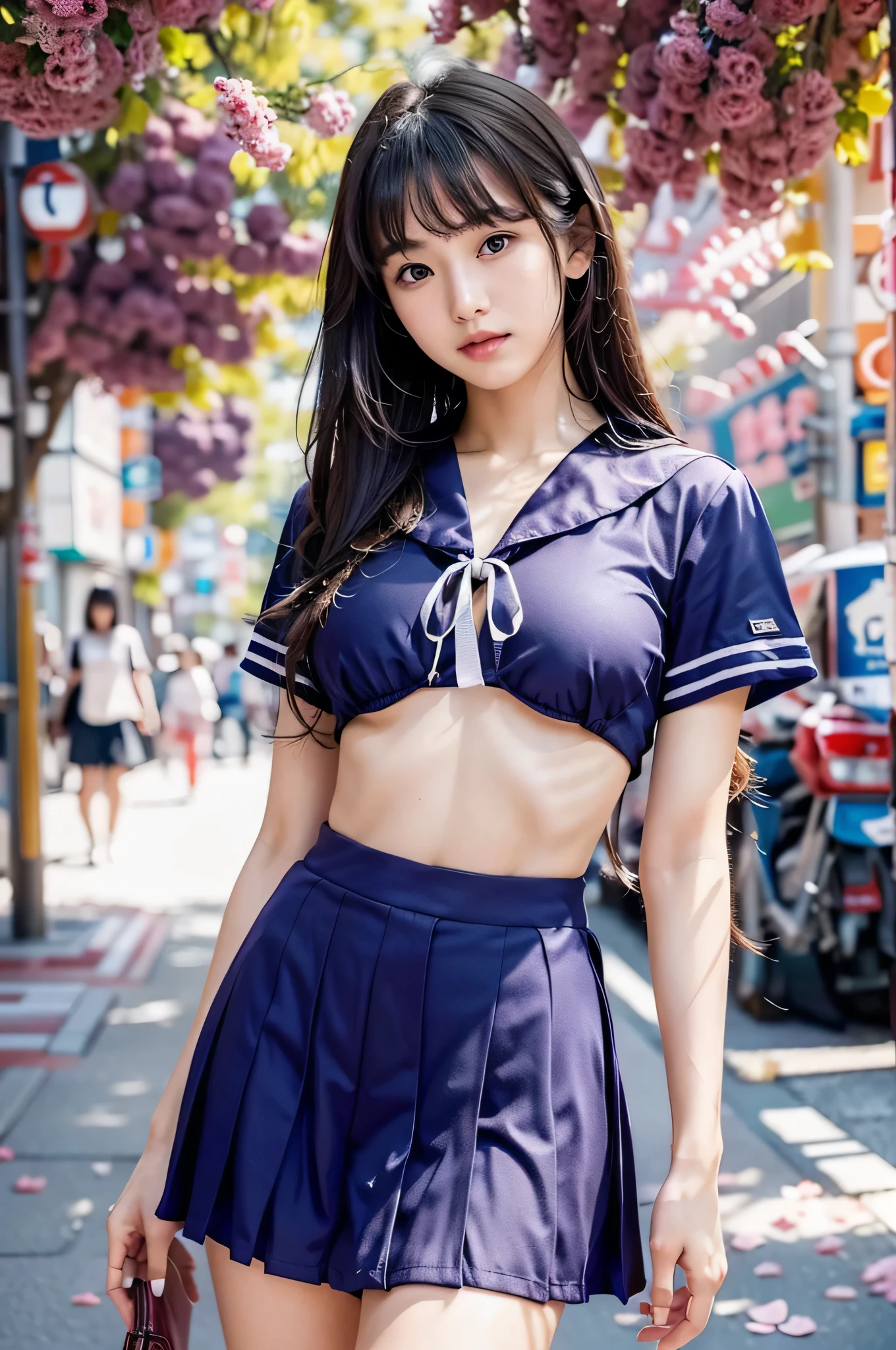 Nipples are hidden by clothes、((Browsing Caution))、(highest quality:1.4)、(super high quality)、(Super quality)、(((Cute 18 year old Japan girl)))、(Small breasts)、It&#39;s so cute、Beautiful face and eyes、(Thin short-sleeved sailor suit)White Lemania）、Low-rise black pleated micro mini skirt：1.1、（black pleated mini skirt：1.5）、（The shape of the nipples sticking out from the uniform：1.4）、(The fabric of her uniform is thin, so her breasts are visible through it..:1.3)、Realistic reproduction of uniform wrinkles、(Underbust:1.3)、(Slender body:1.1)、(thin and long beautiful legs)、(Tight waist)、Realistic skin texture、translucent, Very white skin、(bangs:1.2)、light makeup、(Don&#39;Don&#39;t stare、look forward to)、A beautiful goddess descends、Beautiful background、Golden Ratio、Super quality、Accuracy、High level of detail、Walking through the crowds on the street、Trembling in the chest、Super close、Sexy Art、Under the summer sun、Bright light、Ultra-detailed illustrations、High-definition CG integrated 8K wallpaper、RAW Photos、Cute Smile