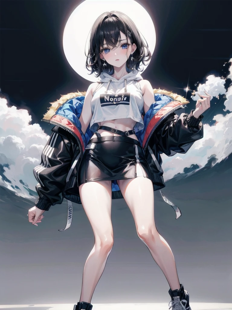 crop top, hoodie, mini skirt, absurdres, RAW photo, extremely delicate and beautiful, masterpiece, Best Quality, ultra high resolution, 32k, hyperrealistic, ultra-detailed, detailed description, pale skin, 20 years old, tearful mole, earring, short medium hair, wavy hair, full body shot,