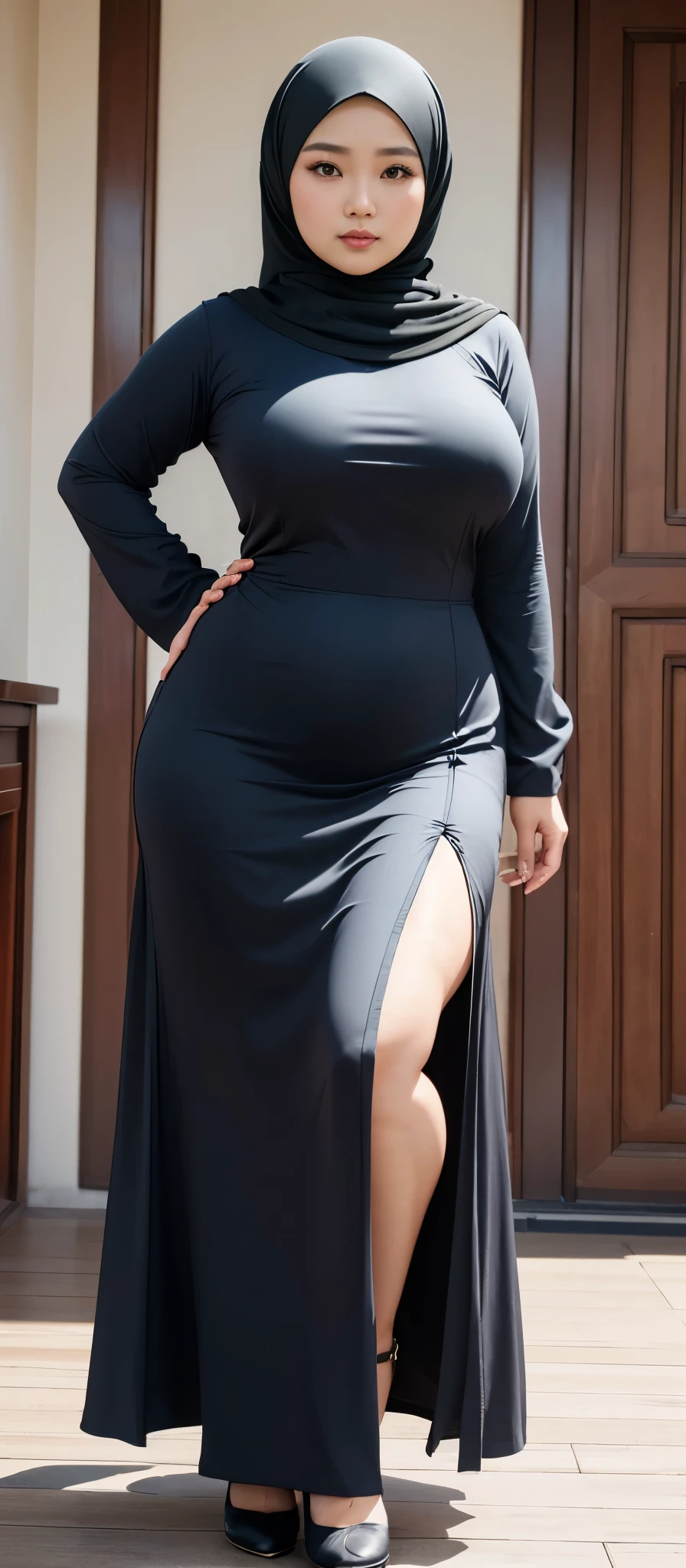 (Best quality,8k,ultra high res:1.2),(Pretty chinese-Indonesian girl),(Huge breasts:0.8),(long dress), (thick thighs:0.9), (obese body), (modern plain hijab ), (sfw), (40-year-old ), (SFW)