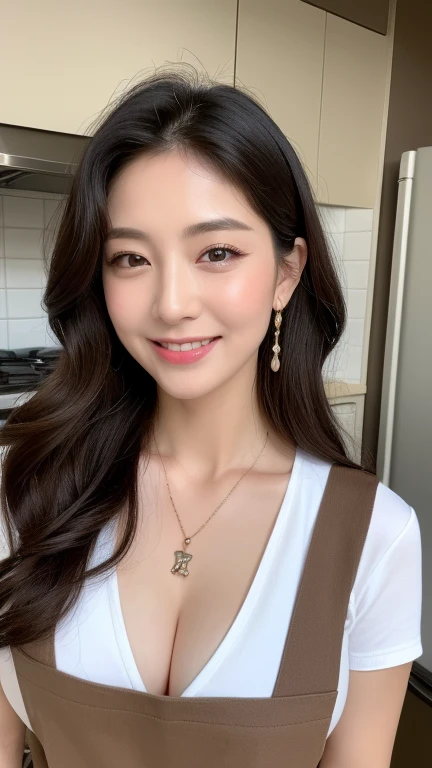 (highest quality、8k、masterpiece:1.3)、Beautiful woman with perfect figure:1.4、Dark brown long hair、30 years old、Wearing a pendant、Wearing a brown apron、White shirt、Wide open chest、Accentuate your cleavage、In the kitchen、Highly detailed face and skin、fine grain、double eyelid、Big Breasts 、Laughter、 Big muscles