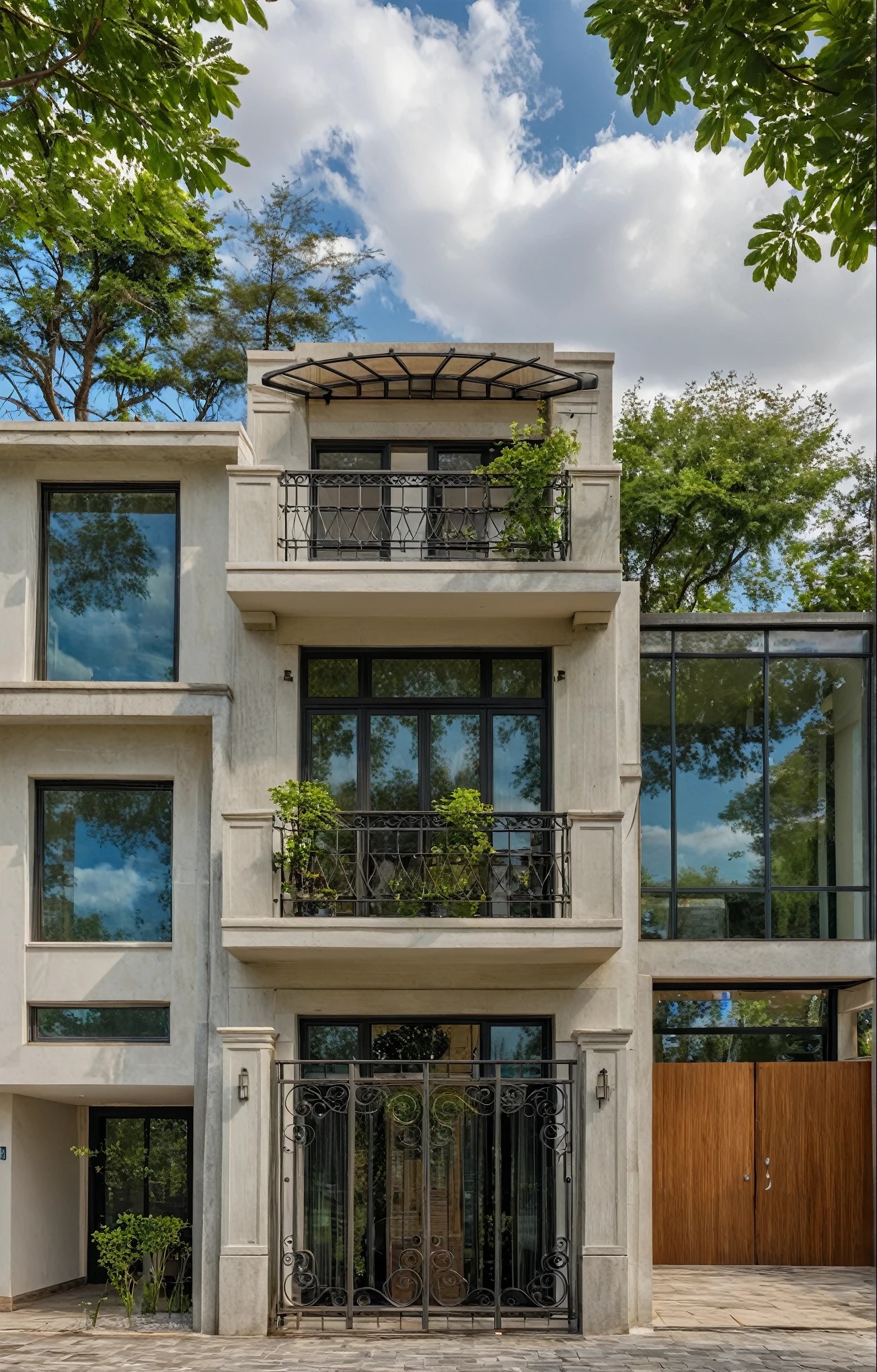 Masterpiece, high quality, best quality, authentic, super detail, outdoors, onestoreyvillaXL, aiaigroup, house style classic on the street ,stairs, white wall ,road,pavement, grass, trees, sky, cloud, (daylight:1.1)