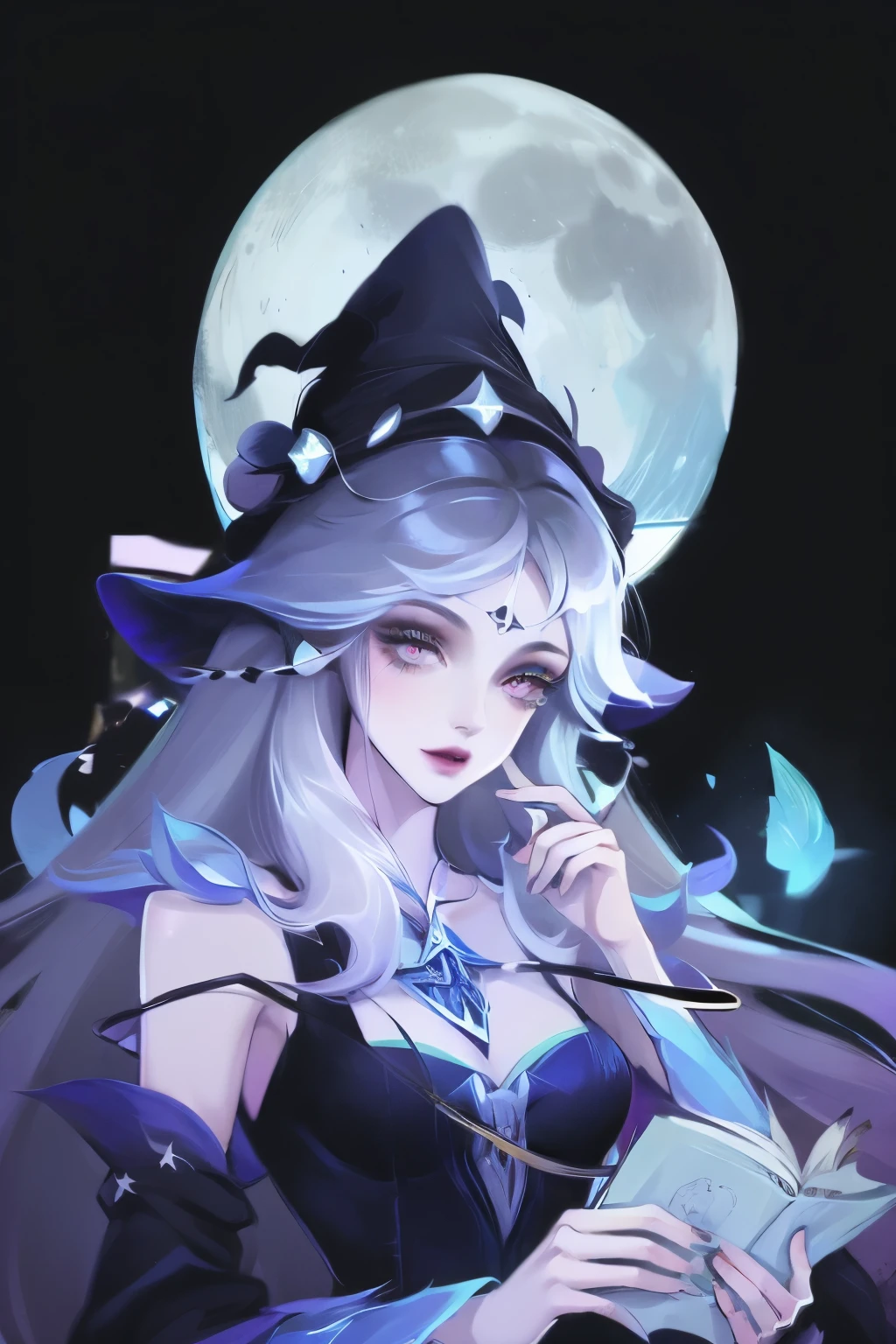 (masterpiece),(best quality), illustration, (fantasy:1.4), witch, cute detailed digital art, Pretty Face, 棕色的hair, hair, castle, Mountain, Dark long dress, A moon, Flowers , paper_cut