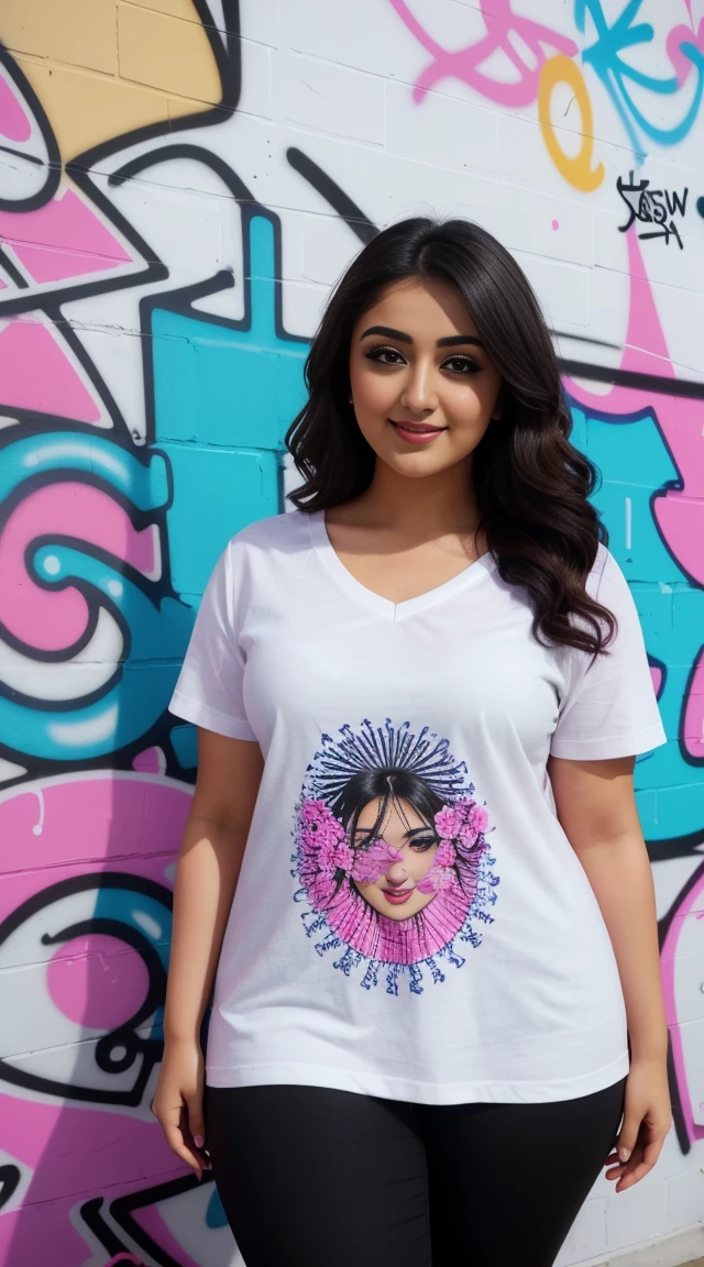 monali thakur Indian beautiful actress curvy plus size hour glass bulky figure woman, closeup camera view, wearing Plus Size Women's Floral Print V-Neck Short Sleeve T-Shirt SKU: sz2312160806031033 GBP£8.99 GBP£11.49 -22% Including VAT Color: Hot Pink, different style hairstyle, bright eyes, thin eyebrows, fair skin, blushing cheeks, prefect head to toe view, full body view, Urban Graffiti Wall: A colorful graffiti wall with street art, murals, and urban expression. smile face, black hair, Indian face, perfect skin tone light, ultra realistic skin texture